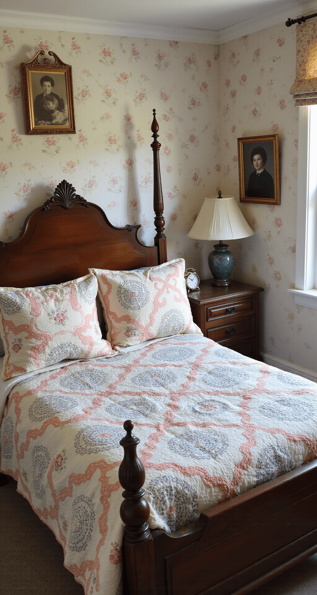 Grandmacore: Turning Your Home into a Cozy Time Capsule of Comfort A cozy 12x12ft bedroom filled with soft morning light, featuring a wooden four-poster bed draped in vintage quilts with Dresden plate patterns. The room has weathered brass accessories, antique alarm clocks, and delicate rose-patterned wallpaper, highlighted by gilt-framed family photos.