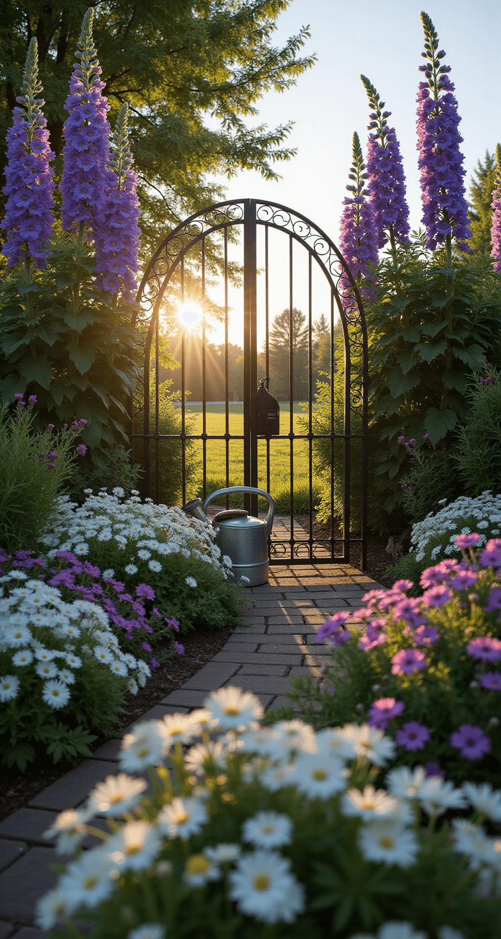 Creating a Dreamy French Cottage Garden: Your Ultimate Guide A corner garden scene at magic hour featuring a dramatic iron gate surrounded by tall delphiniums and hollyhocks, with a low angle view showcasing white alyssum and purple catmint in the foreground. A vintage zinc watering can is centered as the focal point, with light rays filtering through the gate creating a soft lens flare.