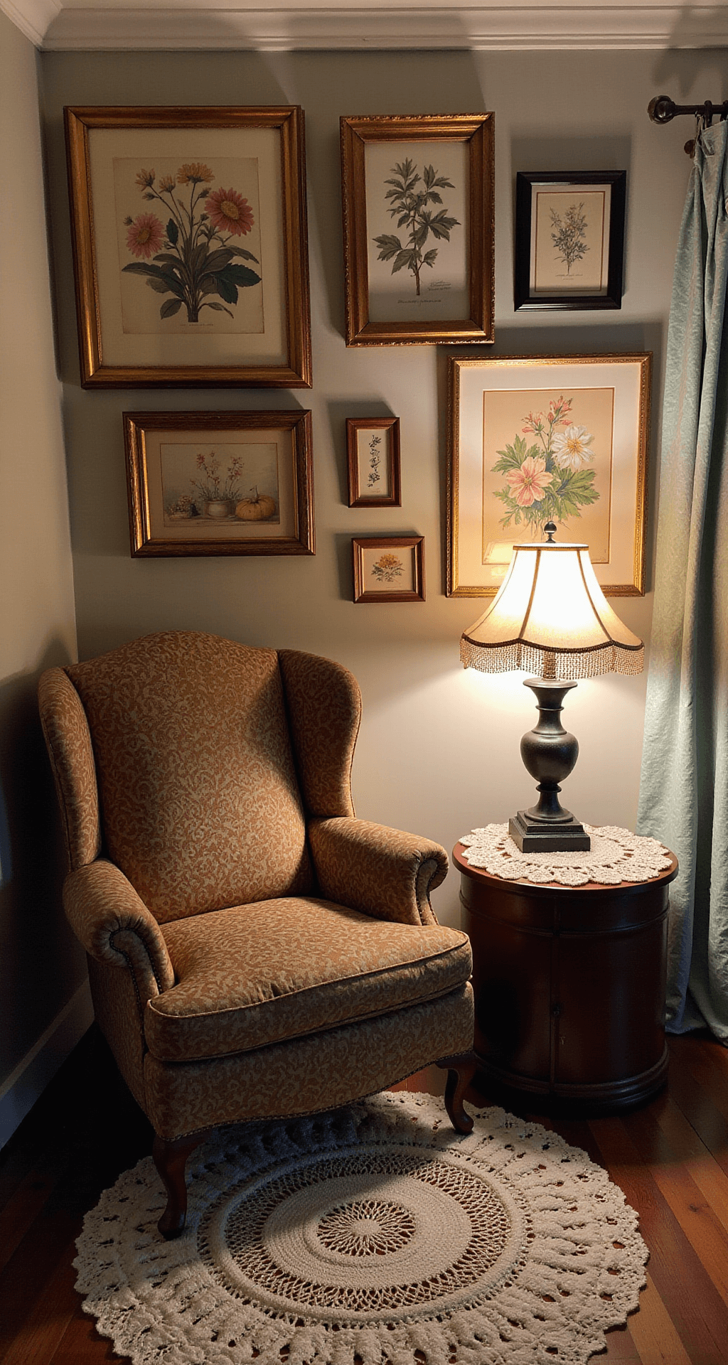 Grandmacore: Turning Your Home into a Cozy Time Capsule of Comfort A cozy reading nook featuring an oversized wingback chair upholstered in William Morris-inspired fabric, beneath a gallery wall of vintage botanical prints in gilt frames. Crocheted doilies adorn surfaces, including a drum table with a Victorian-era lamp casting warm light. The scene is viewed from above, highlighting layered textiles and inviting ambiance at twilight.