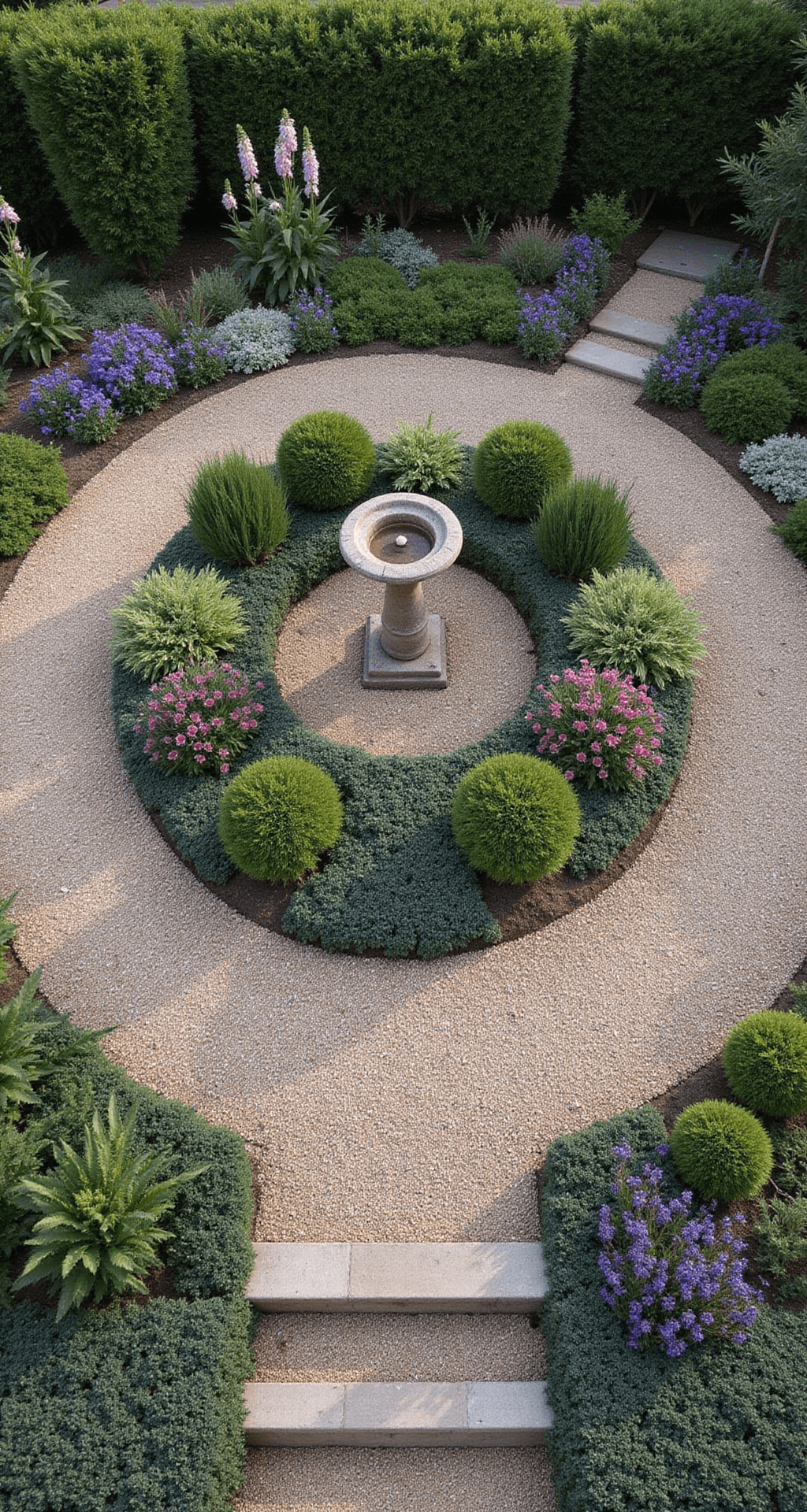 Creating a Dreamy French Cottage Garden: Your Ultimate Guide Overhead view of a circular garden room with curved gravel paths, featuring a central stone birdbath and concentric plantings: tall verbascum and foxgloves in the back, mid-height peonies and salvias in the middle, and creeping thyme ground cover at the front, all illuminated by soft morning light in a muted color palette of silvers, purples, and pinks.