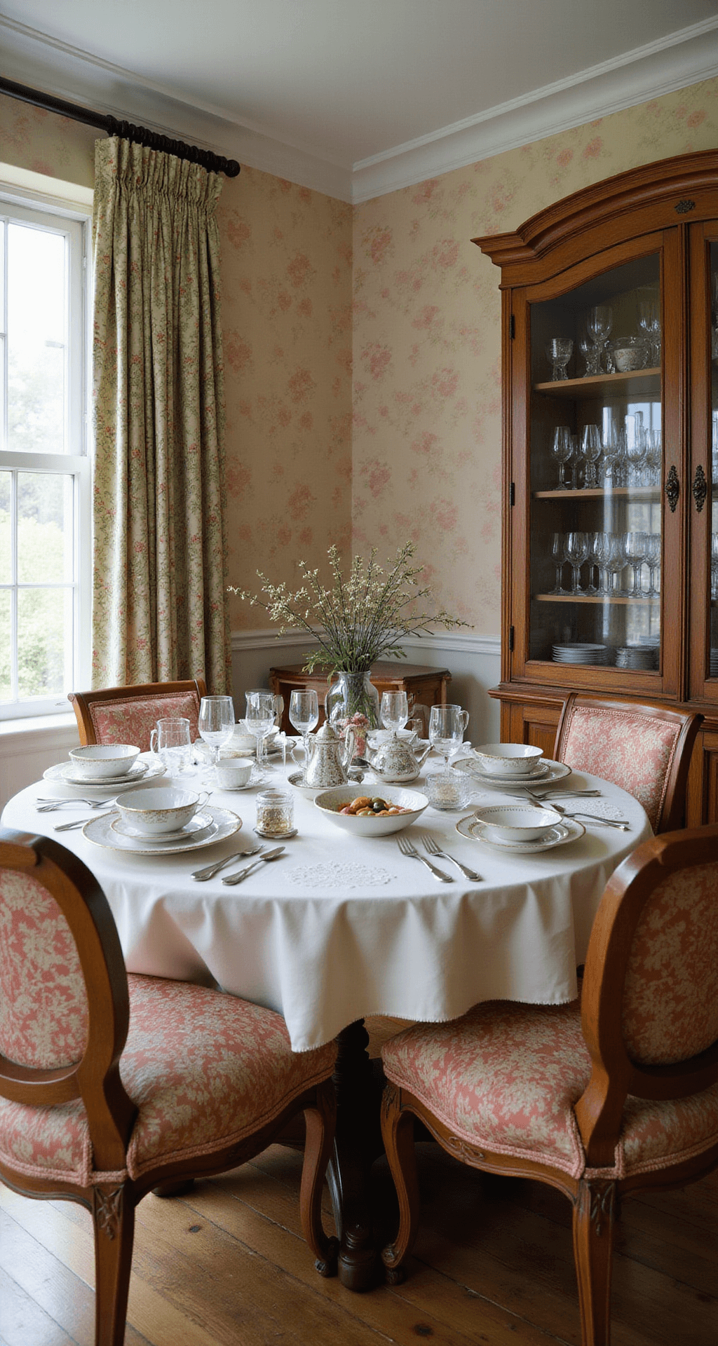 Grandmacore: Turning Your Home into a Cozy Time Capsule of Comfort Spacious dining room with round oak pedestal table set for afternoon tea, featuring hand-embroidered linen, fine china, and silver serving pieces, against a backdrop of floral wallpaper and a pressed glass cabinet displaying crystal stemware.
