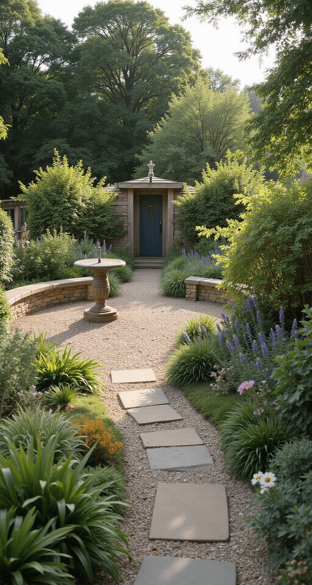 Creating a Dreamy French Cottage Garden: Your Ultimate Guide Wide shot of a cottage garden layout featuring gravel paths, stone walls, and wooden arbors in mid-morning light, showcasing a variety of plants, an antique sundial, and a weathered garden bench, all in sharp detail.