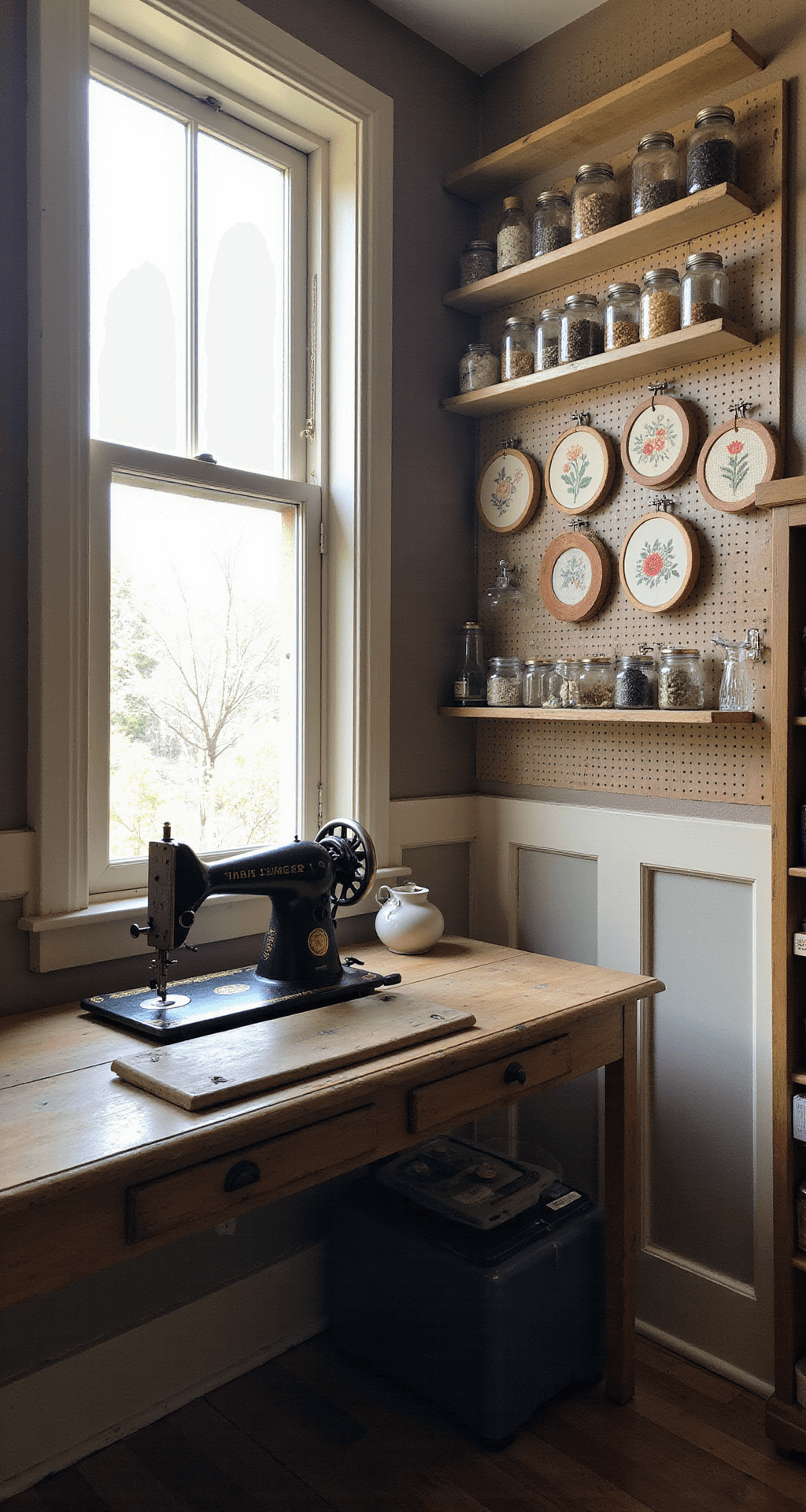 Grandmacore: Turning Your Home into a Cozy Time Capsule of Comfort A cozy corner craft room with a weathered pine desk under a sunny window, featuring antique spools and a Singer sewing machine. The pegboard wall is adorned with vintage embroidery hoops showcasing florals, while a collection of ball jars sparkles on open shelving. The photo is taken at a 45-degree angle, emphasizing the inviting workspace and warm afternoon light.