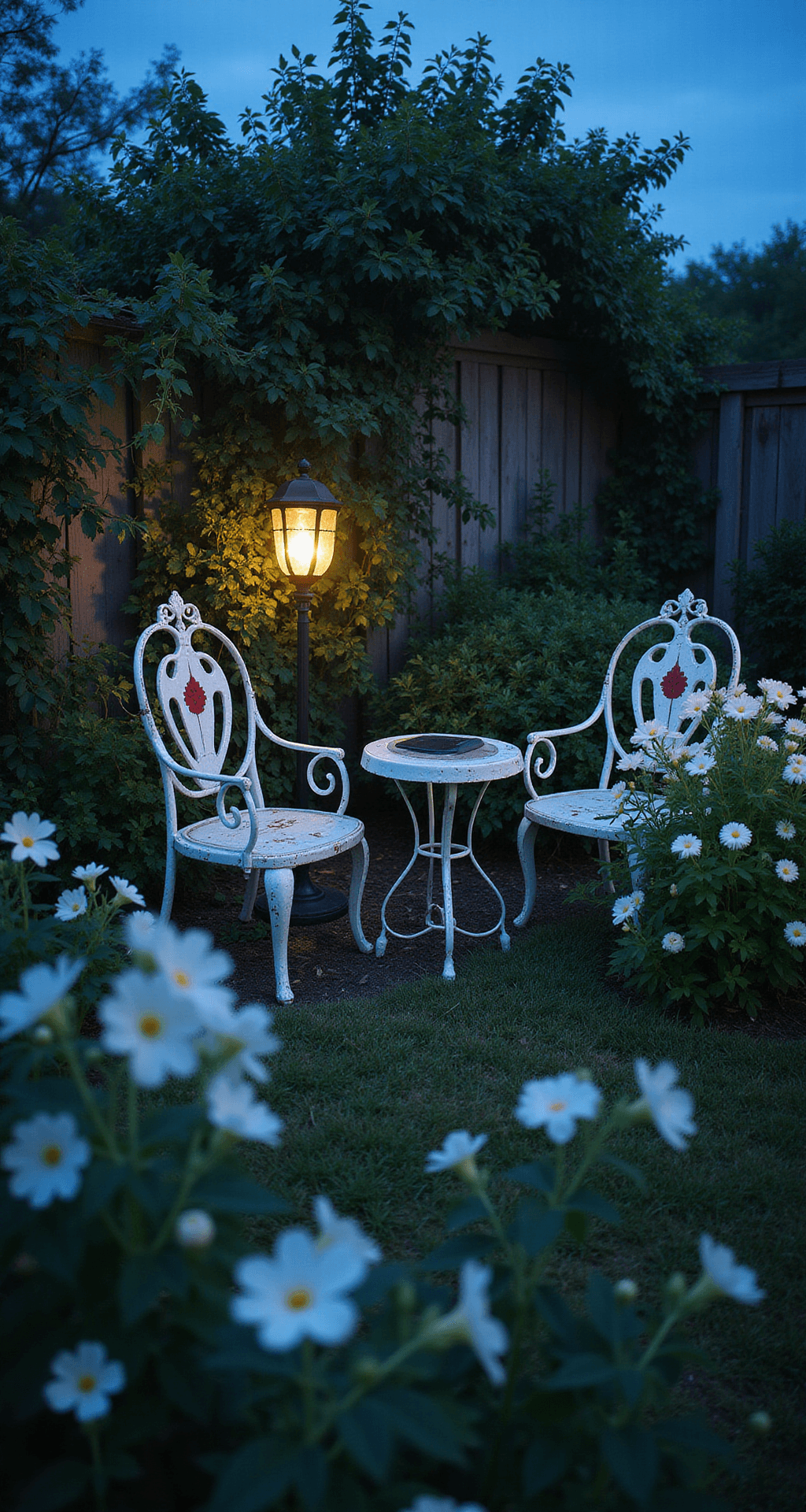 Creating a Dreamy French Cottage Garden: Your Ultimate Guide A twilight garden scene featuring a cozy seating area with vintage iron chairs surrounded by white flowering tobacco and evening primrose, illuminated by solar lanterns, with a backdrop of climbing moonflower vines, all captured in cool tones during blue hour with flowers opening at dusk.