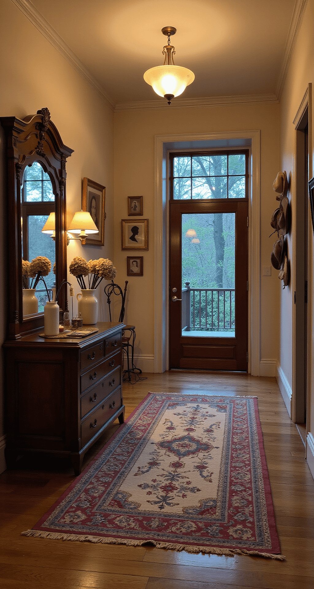 Grandmacore: Turning Your Home into a Cozy Time Capsule of Comfort Welcoming entryway at dusk featuring a Victorian hall tree with a beveled mirror, warm sconce lighting, a faded jewel-toned runner, silhouette portraits, a vintage hat collection, a brass umbrella stand, and a milk glass vase of dried hydrangeas, shot from the perspective of the front door.