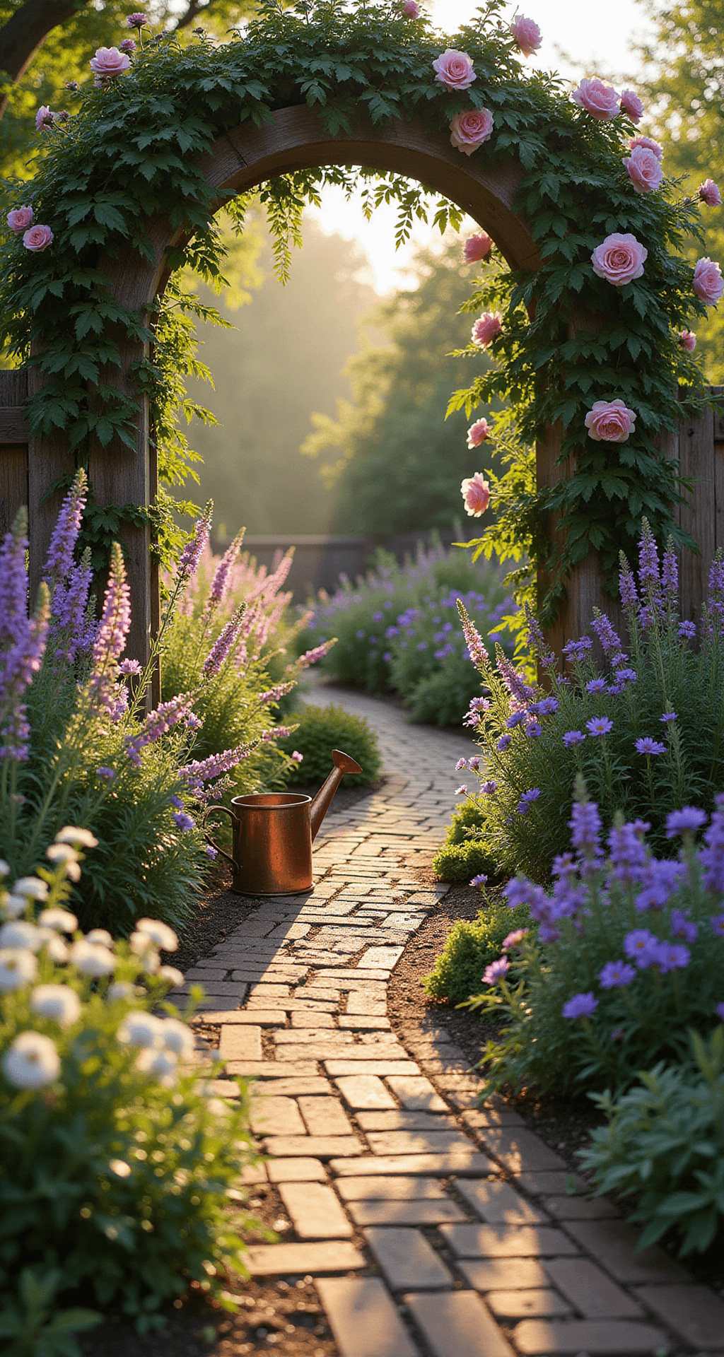 Small Cottage Garden Ideas: Transform Your Tiny Space into a Dreamy Retreat A low-angle view of a sunlit cottage garden featuring a winding brick pathway, a weathered wooden arch with climbing roses, and vibrant flowers including lavender, foxgloves, and cosmos, illuminated by morning light with a vintage copper watering can nestled among wild geraniums.
