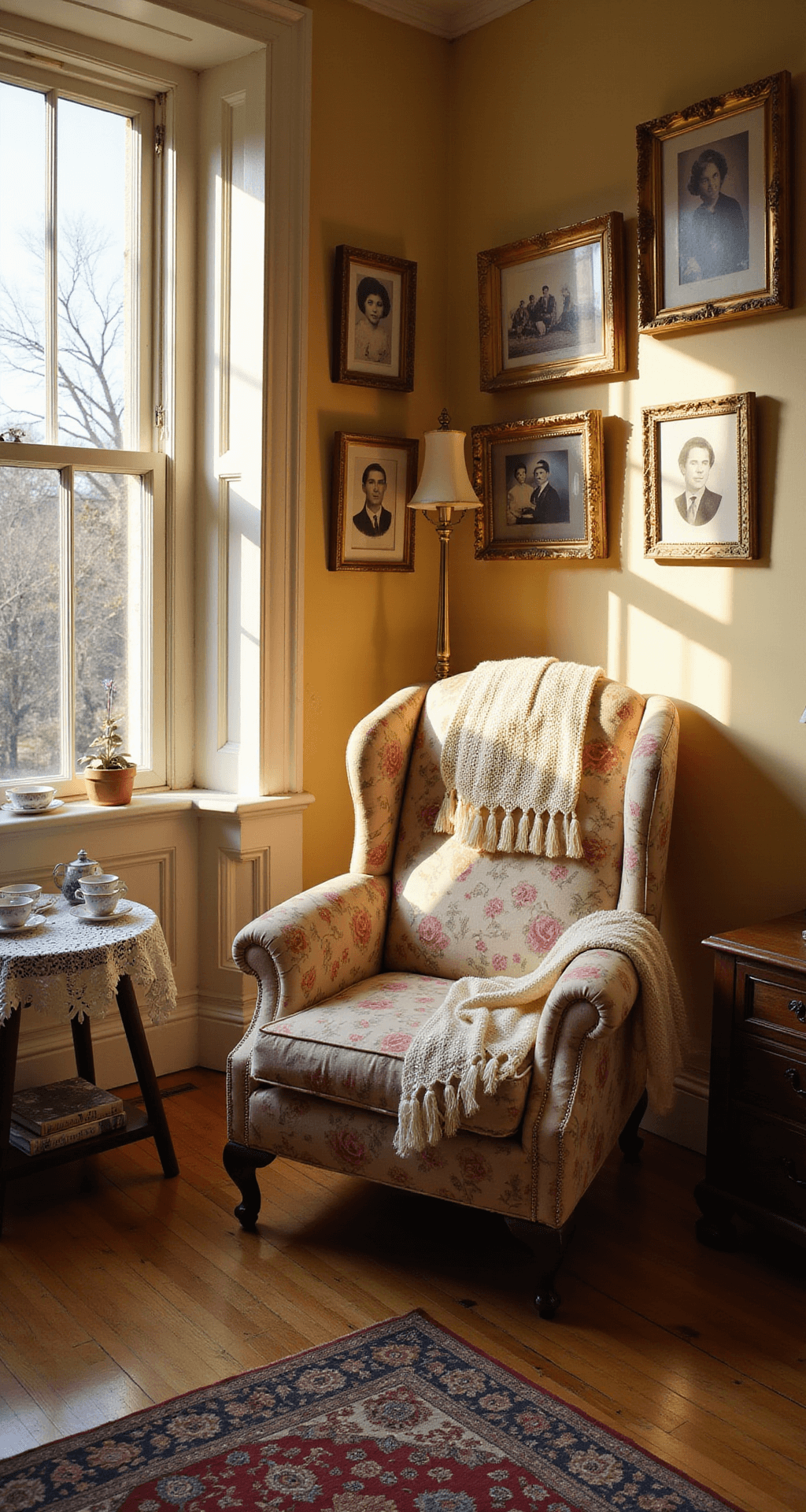 Grandmacore Aesthetic: Embracing Nostalgic Comfort in Your Home and Style A cozy living room during golden hour, featuring a wide bay window, weathered hardwood floors, an oversized floral wingback chair with a cream crocheted throw, a vintage brass floor lamp, and walls decorated with sepia family photos in golden frames. A Persian rug anchors the space, and a doily-covered side table displays a collection of porcelain teacups, all bathed in warm, honeyed light.
