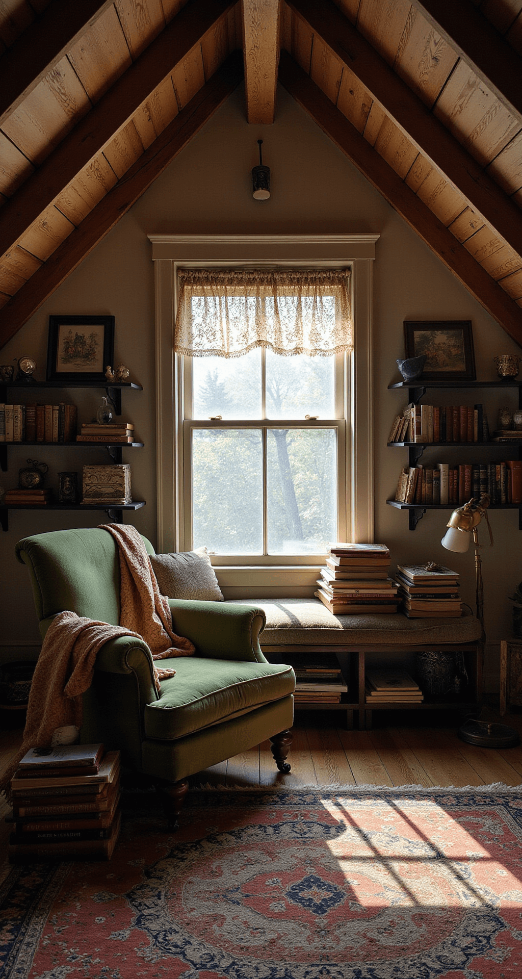 Grandmacore Aesthetic: Embracing Nostalgic Comfort in Your Home and Style Cozy attic reading nook featuring exposed wooden beams and a dormer window with a cushioned seat, illuminated by afternoon light filtering through vintage lace curtains. An oversized sage green velvet armchair is surrounded by stacked antique books and a casually draped autumn-colored afghan, with a brass reading lamp and family trinkets on floating shelves, all captured from below to highlight the ceiling's architecture and create a moody, intimate atmosphere.