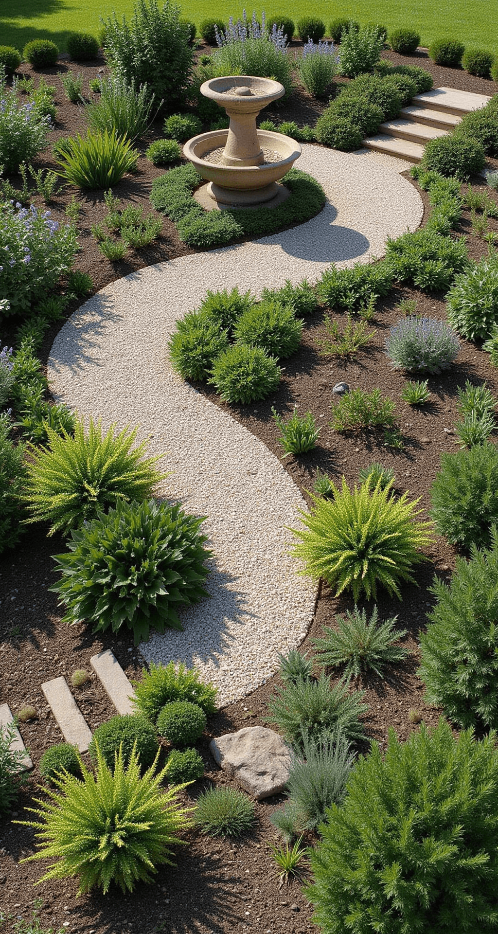Small Cottage Garden Ideas: Transform Your Tiny Space into a Dreamy Retreat Overhead view of a circular garden with concentric plantings around a stone birdbath, featuring a winding gravel path through herb and flower beds, illuminated by morning light.