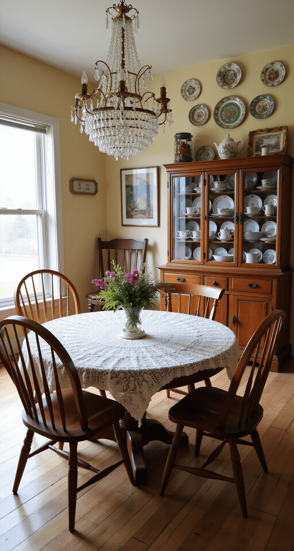 Grandmacore Aesthetic: Embracing Nostalgic Comfort in Your Home and Style Spacious dining room with warm cream walls and natural light, featuring a round oak table with mismatched wooden chairs, a vintage china cabinet filled with floral-patterned teacups and plates, a hand-crocheted tablecloth, and a crystal vase of wildflowers. The scene is illuminated by a chandelier with vintage crystals, creating a bright and airy atmosphere.