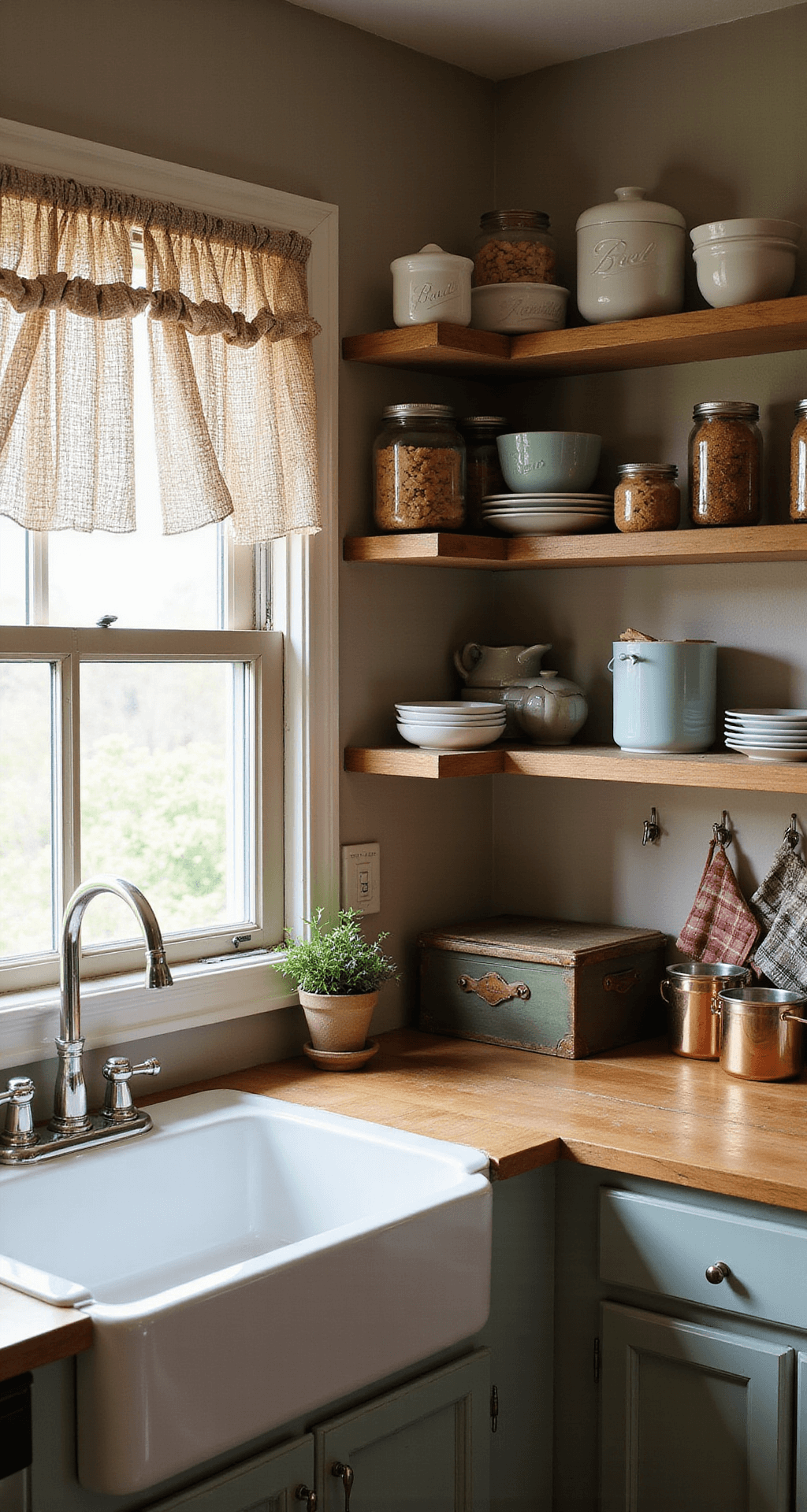 Grandmacore Aesthetic: Embracing Nostalgic Comfort in Your Home and Style A cozy kitchen corner featuring open shelving with vintage Pyrex bowls and mason jars, a worn butcher block counter adorned with ceramic canisters and a bread box, handmade potholders hanging from hooks, and copper pots reflecting warm afternoon light. Gingham curtains frame a window above a porcelain sink, creating a layered, textured look in natural light.