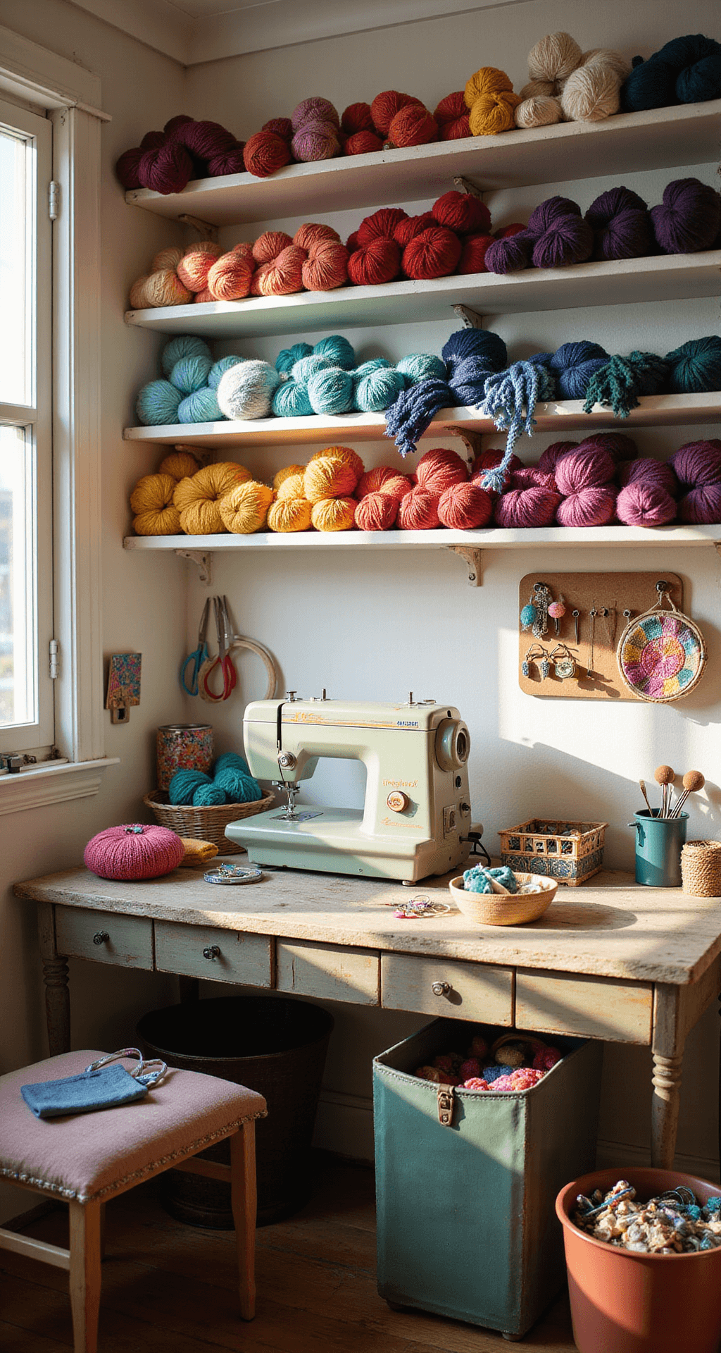 Grandmacore Aesthetic: Embracing Nostalgic Comfort in Your Home and Style A well-organized craft room filled with morning light, featuring a vintage sewing machine on a weathered wooden table, colorful yarn on built-in shelves, a basket of knitting projects, scattered crafting tools, and an overhead view emphasizing detail and inspiring atmosphere.