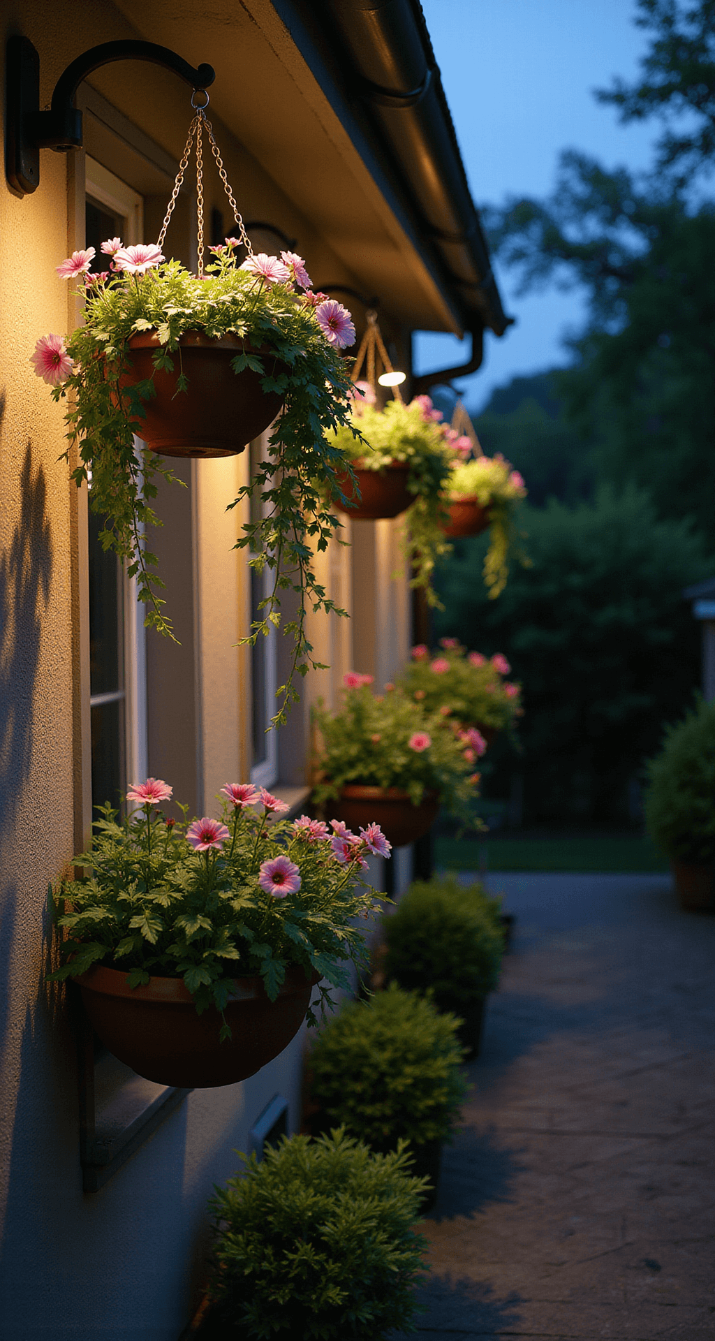 Small Cottage Garden Ideas: Transform Your Tiny Space into a Dreamy Retreat Twilight garden scene featuring illuminated hanging baskets of cascading lobelia and petunias, wall-mounted planters with herbs and compact flowers, and warm patio lights creating an intimate atmosphere, captured with long exposure for ambient evening light.