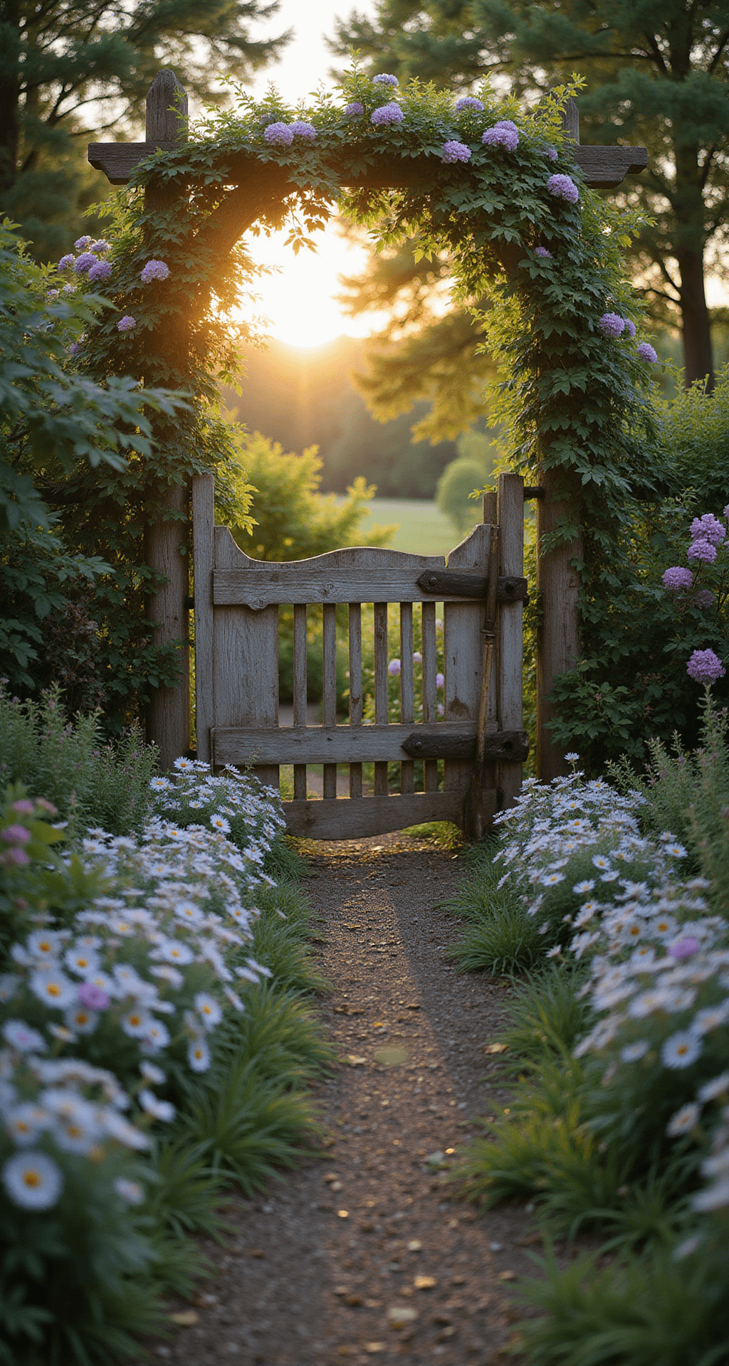 Small Cottage Garden Ideas: Transform Your Tiny Space into a Dreamy Retreat A charming cottage garden entrance featuring a rustic wooden gate adorned with climbing clematis and honeysuckle, surrounded by a colorful mixed border of cottage flowers. Vintage metal signs and weathered garden tools add decorative accents, all bathed in the warm glow of golden hour lighting with a soft lens flare effect.