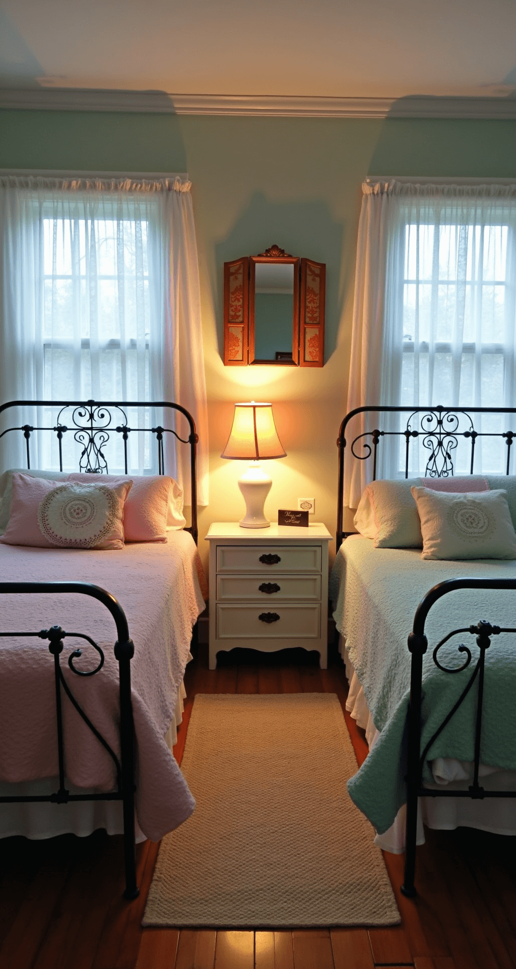Grandmacore Aesthetic: Embracing Nostalgic Comfort in Your Home and Style A cozy guest bedroom with twin iron-frame beds dressed in pale pink and mint vintage chenille bedspreads, illuminated by soft twilight light. A painted wooden nightstand featuring a doily and a milk glass lamp sits beside the beds. Framed needlepoint artwork adorns the walls, while a vintage vanity with a trifold mirror complements the space. A braided rug in pastel tones lies on the floor, enhancing the dreamy, peaceful atmosphere.