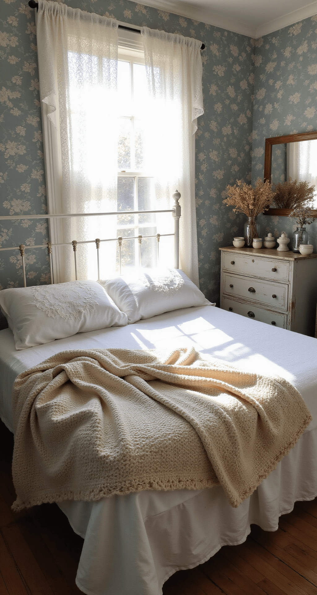 Grandmacore Bedroom: Your Cozy Time Machine of Comfort Cozy bedroom nook featuring a whitewashed iron bed with a crocheted blanket, floral wallpaper, and early sunlight streaming through lace curtains, accompanied by a weathered oak dresser displaying ceramic figurines and dried flowers.
