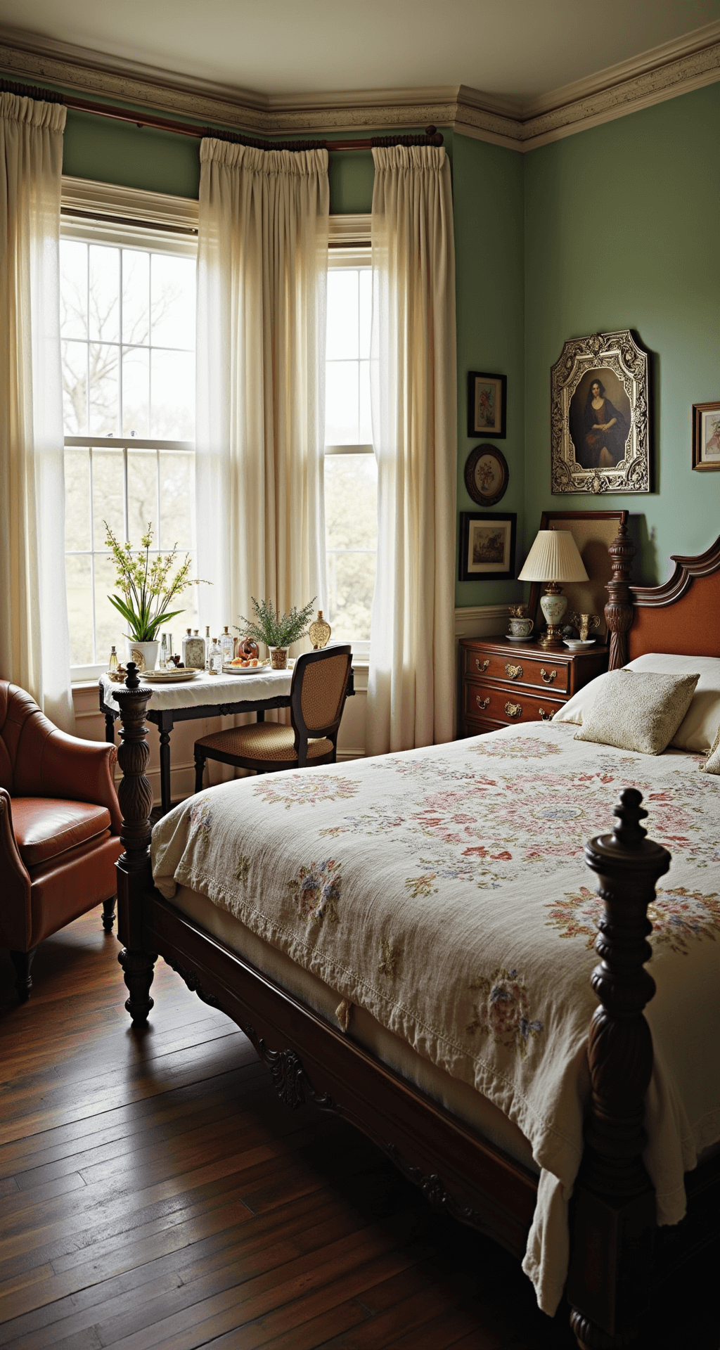Grandmacore Bedroom: Your Cozy Time Machine of Comfort Wide-angle view of a spacious Victorian-style bedroom featuring an ornate bed frame with hand-embroidered linens and a vintage quilt, complemented by a leather reading chair, a doily-topped dressing table, and an antique hope chest. Gentle spring light filters through sheer curtains, accentuating vintage perfume bottles and silver-framed mirrors.