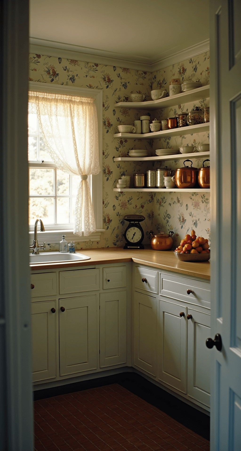 Grandmacore Kitchen: Bringing Nostalgic Comfort to Your Culinary Space A cozy L-shaped kitchen measuring 15x18ft, featuring soft white walls with floral wallpaper, a farmhouse sink under a window dressed with eyelet lace curtains, open shelving displaying grandmother's china, copper pots on a wall-mounted rack, and a vintage scale with fresh fruit, all illuminated by mixed ambient and warm accent lighting at dusk.