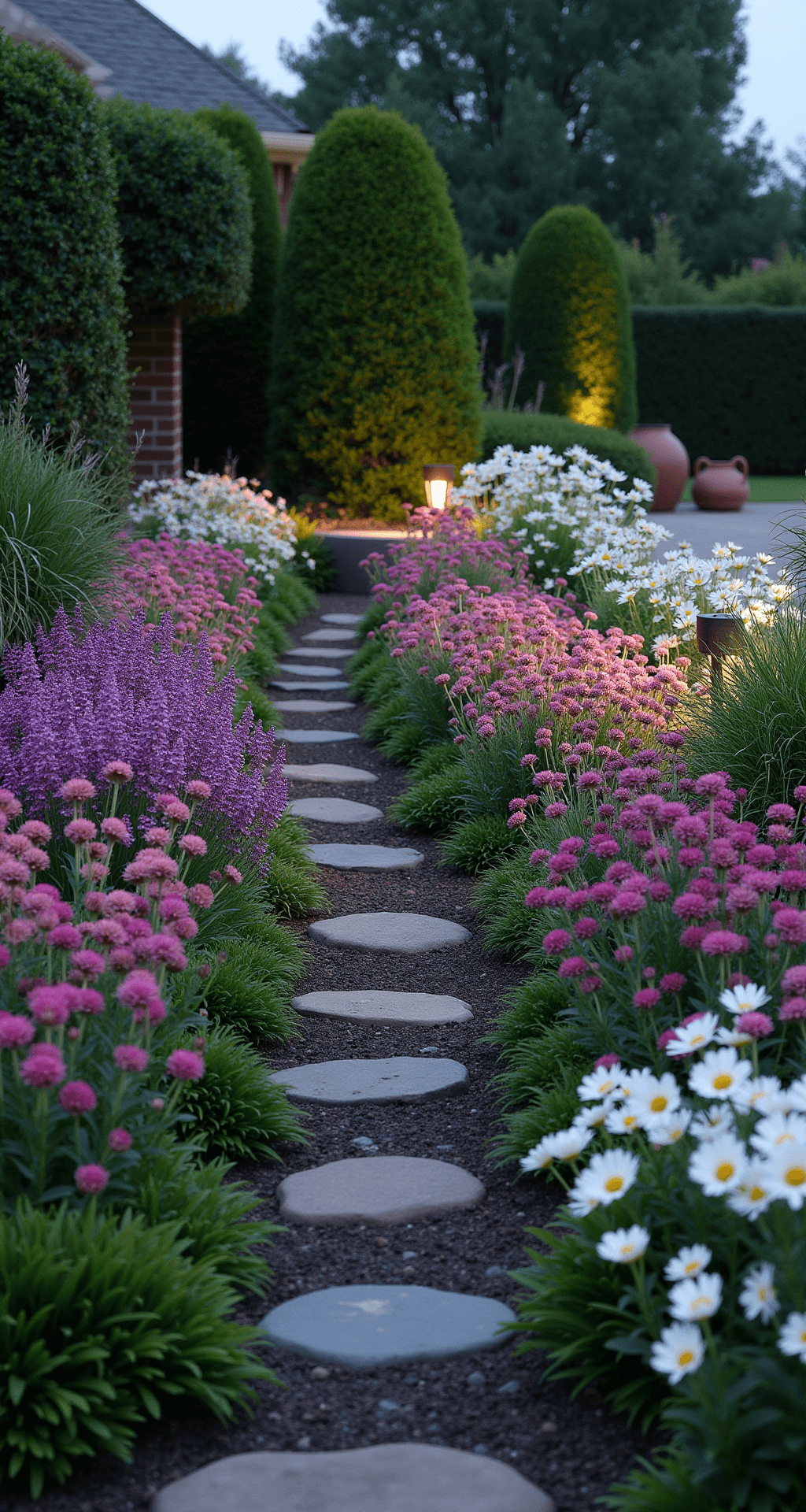 Creating a Modern Cottage Garden: Your Ultimate Design Guide A dusk photograph of a 20ft mixed perennial border featuring layers of short purple catmint, pink echinacea, and tall white delphiniums, illuminated by modern copper path lights. Geometric yew topiary adds structure, with vintage terracotta pots scattered throughout, capturing cool evening tones against warm lighting from an elevated perspective.