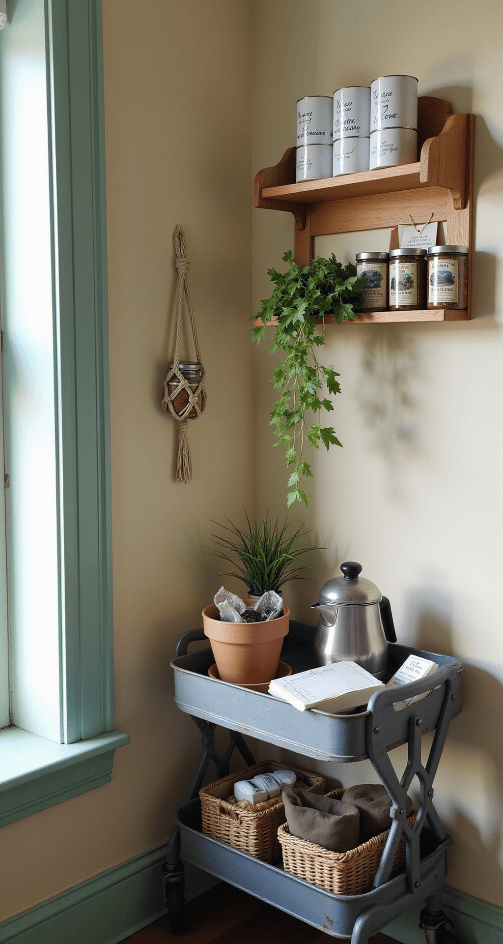 Grandmacore Kitchen: Bringing Nostalgic Comfort to Your Culinary Space A cozy coffee station bathed in early morning light, featuring butter cream walls and mint trim, a vintage cart with an enamel coffee pot, mismatched cups, and handwritten recipe cards, alongside a macrame plant hanger with potted ivy and a wooden spice rack displaying tea tins, captured in close-up to highlight intimate details with soft bokeh.