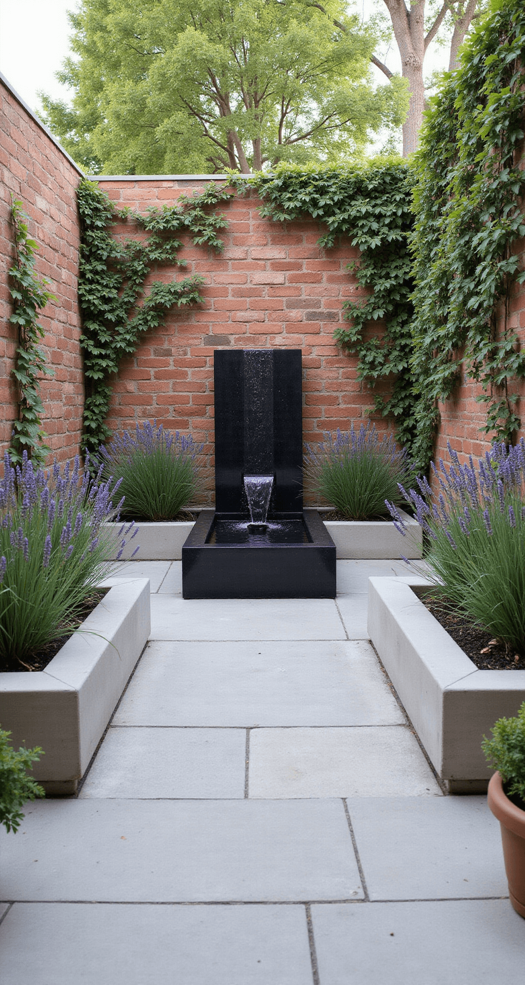 Creating a Modern Cottage Garden: Your Ultimate Design Guide A contemporary courtyard featuring a cubic black granite water feature at its center, surrounded by structured lavender beds and ornamental grasses in modern concrete planters. The scene is framed by reclaimed brick walls adorned with climbing roses, under mid-afternoon light casting crisp shadows. Natural stone paving in pale limestone and minimal weathered teak deck furniture enhance the symmetrical design.