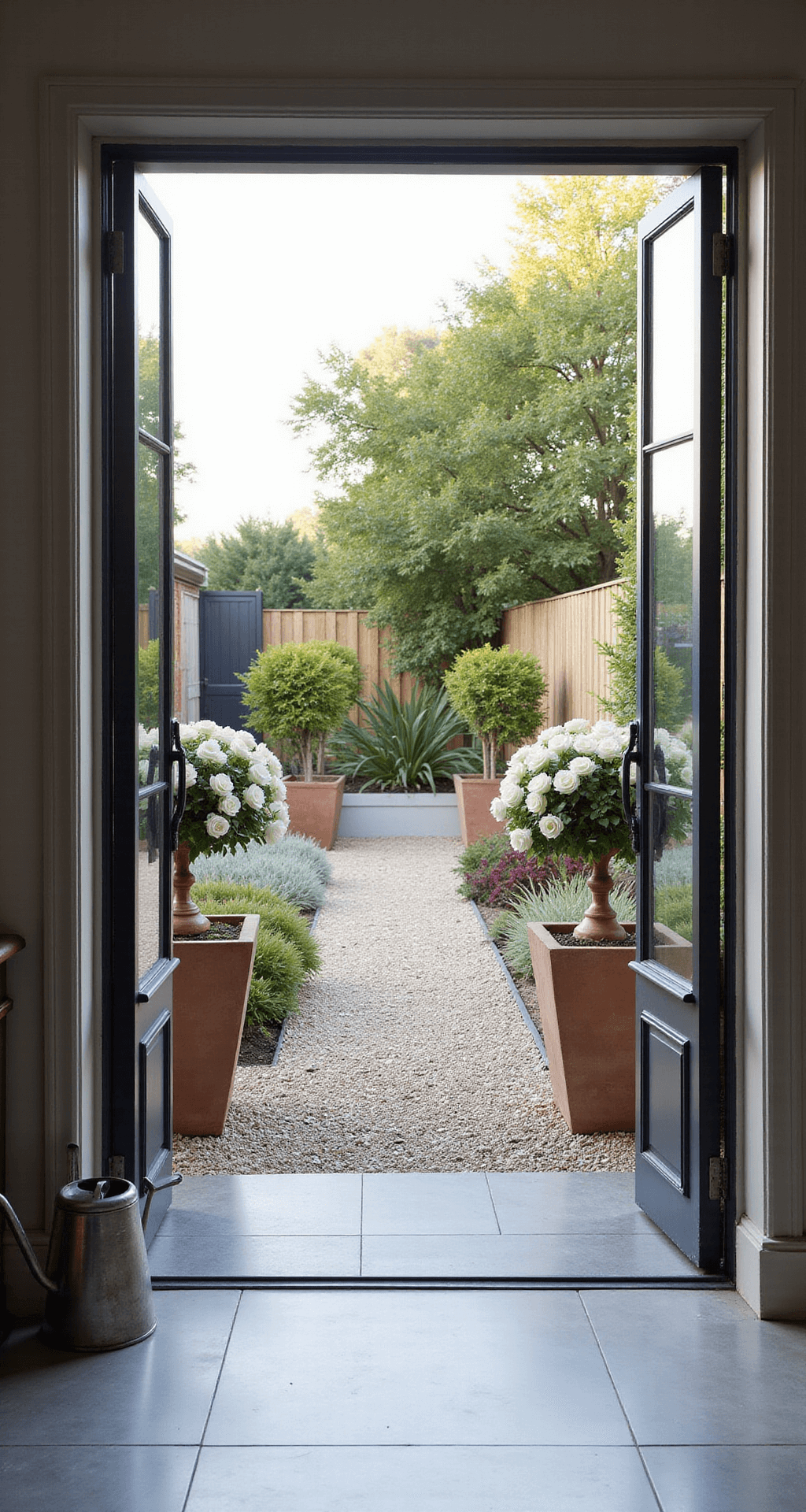 Creating a Modern Cottage Garden: Your Ultimate Design Guide View from inside a garden room featuring French doors that open to a 15x20ft garden, with morning light illuminating mixed planting beds. Modern grey porcelain tiles lead to an informal gravel path, flanked by architectural planters with box balls. White David Austin roses climb copper obelisks, complemented by vintage zinc watering cans and terracotta pots.