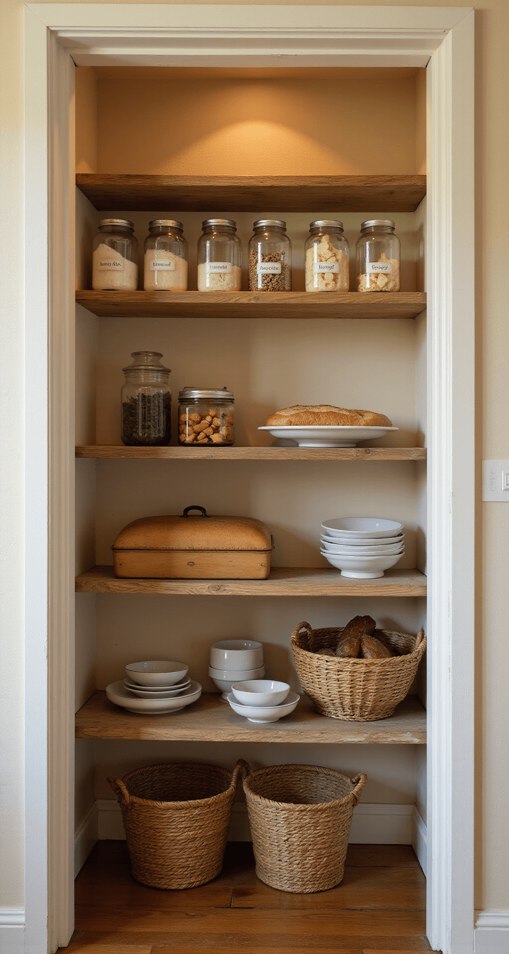 Grandmacore Kitchen: Bringing Nostalgic Comfort to Your Culinary Space A well-organized 10x12ft pantry bathed in afternoon light, featuring warm cream walls and reclaimed wooden shelves filled with glass jars labeled by hand, a vintage bread box, cake stands, and woven baskets for root vegetables, captured straight-on from the doorway with a symmetrical composition.