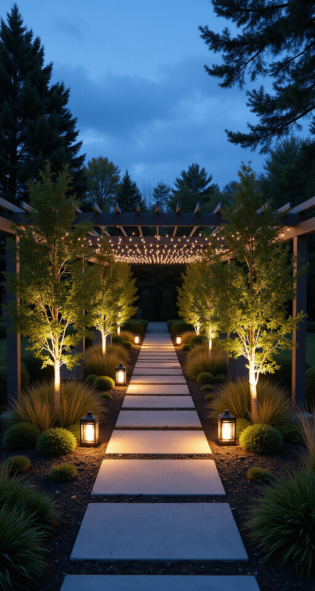 Creating a Modern Cottage Garden: Your Ultimate Design Guide A tranquil evening garden scene at blue hour, featuring modern bollard lights along a geometric pathway, illuminated specimen trees, and glowing ornamental grasses, with a contemporary pergola draped in festoon lights above, and scattered hurricane lanterns providing warm accents.