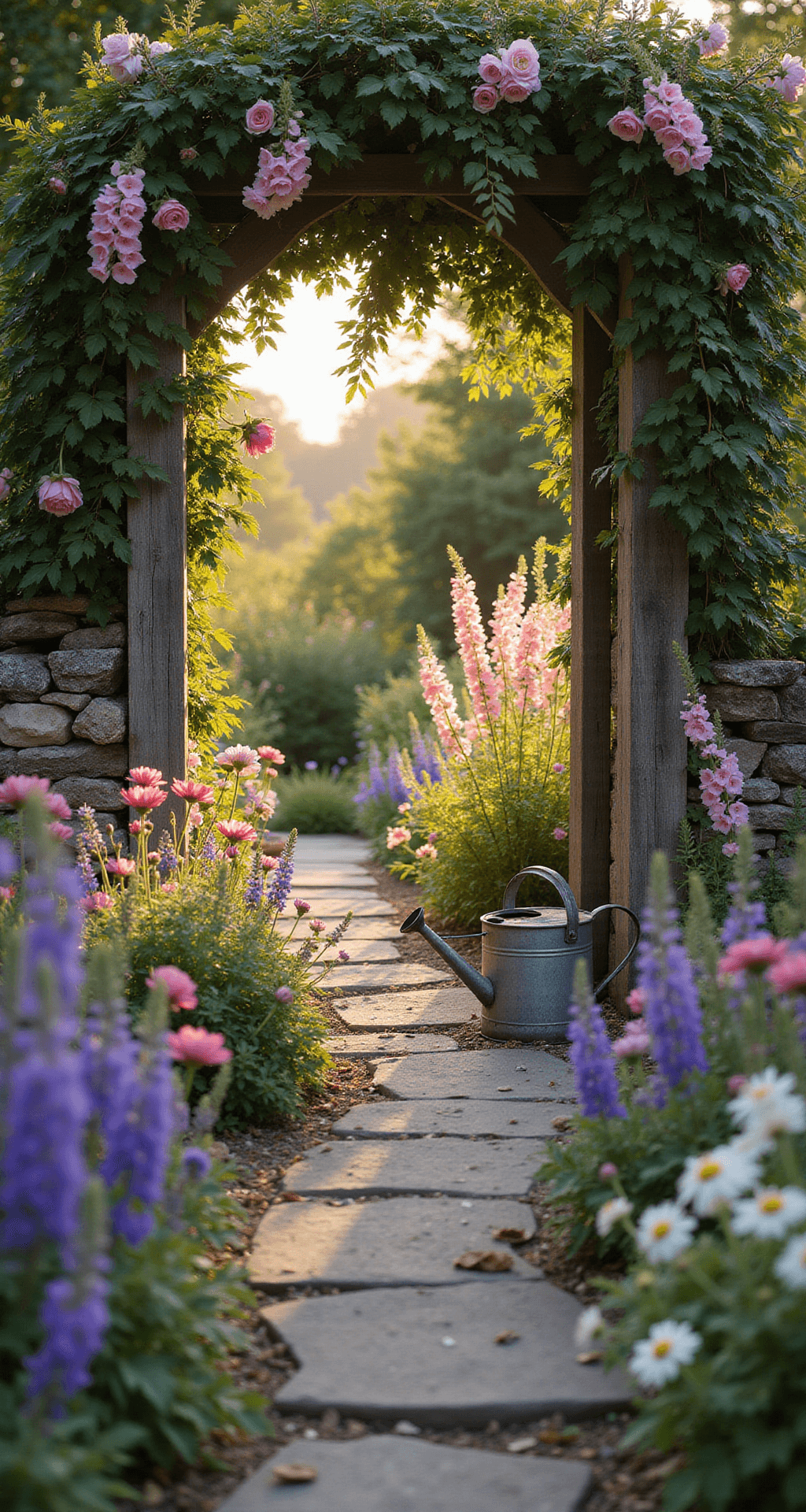 Creating a Charming Small Cottage Garden: Your Ultimate Guide A golden hour view of a charming cottage garden entrance framed by a wooden arch entwined with climbing roses, showcasing a meandering stone path. The scene features tall foxgloves and vibrant cottage flowers like purple delphiniums, pink peonies, and white cosmos spilling onto the path, with a vintage zinc watering can among lavender. Soft evening light enhances the textures and creates a dreamy bokeh effect.