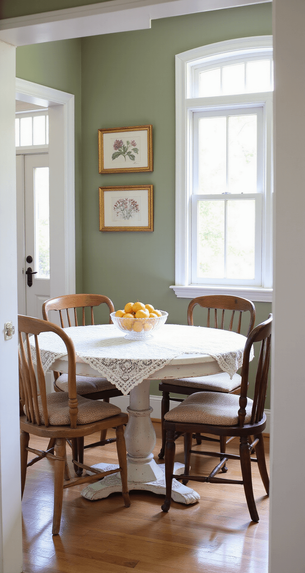 Grandmacore Living Room: A Nostalgic Haven of Comfort and Charm A cozy Sunday morning breakfast nook featuring a round white pedestal table, mixed wooden chairs with needlepoint cushions, and a lace tablecloth adorned with a crystal bowl of fresh fruit, surrounded by vintage botanical prints on sage green walls, all illuminated by natural morning light.