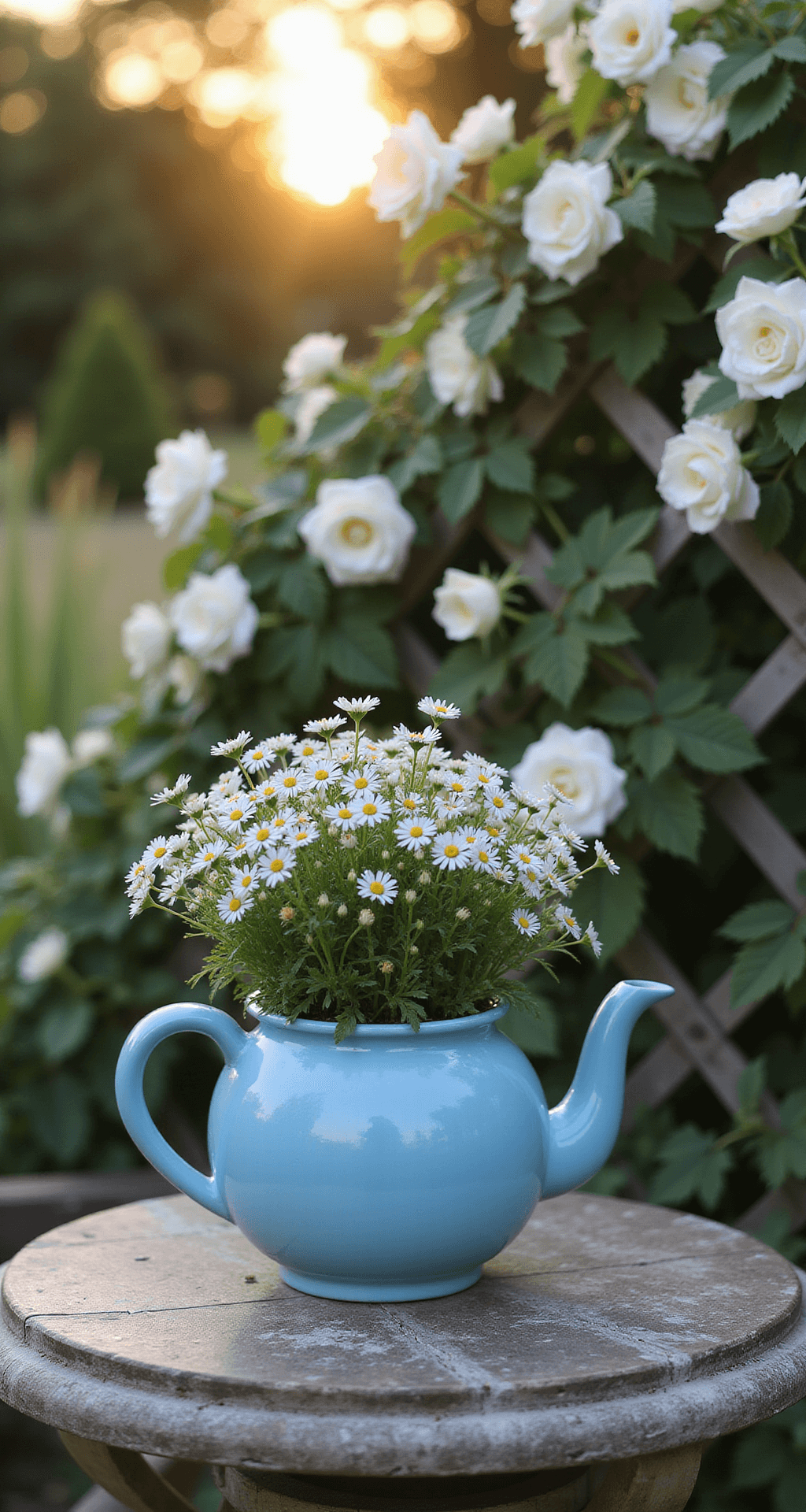 Creating a Charming Small Cottage Garden: Your Ultimate Guide A vintage blue enamel teapot planter overflowing with white alyssum and trailing lobelia sits on a weathered wooden table, illuminated by soft backlighting with a backdrop of climbing white roses on a distressed trellis, captured in a whimsical garden at golden hour.