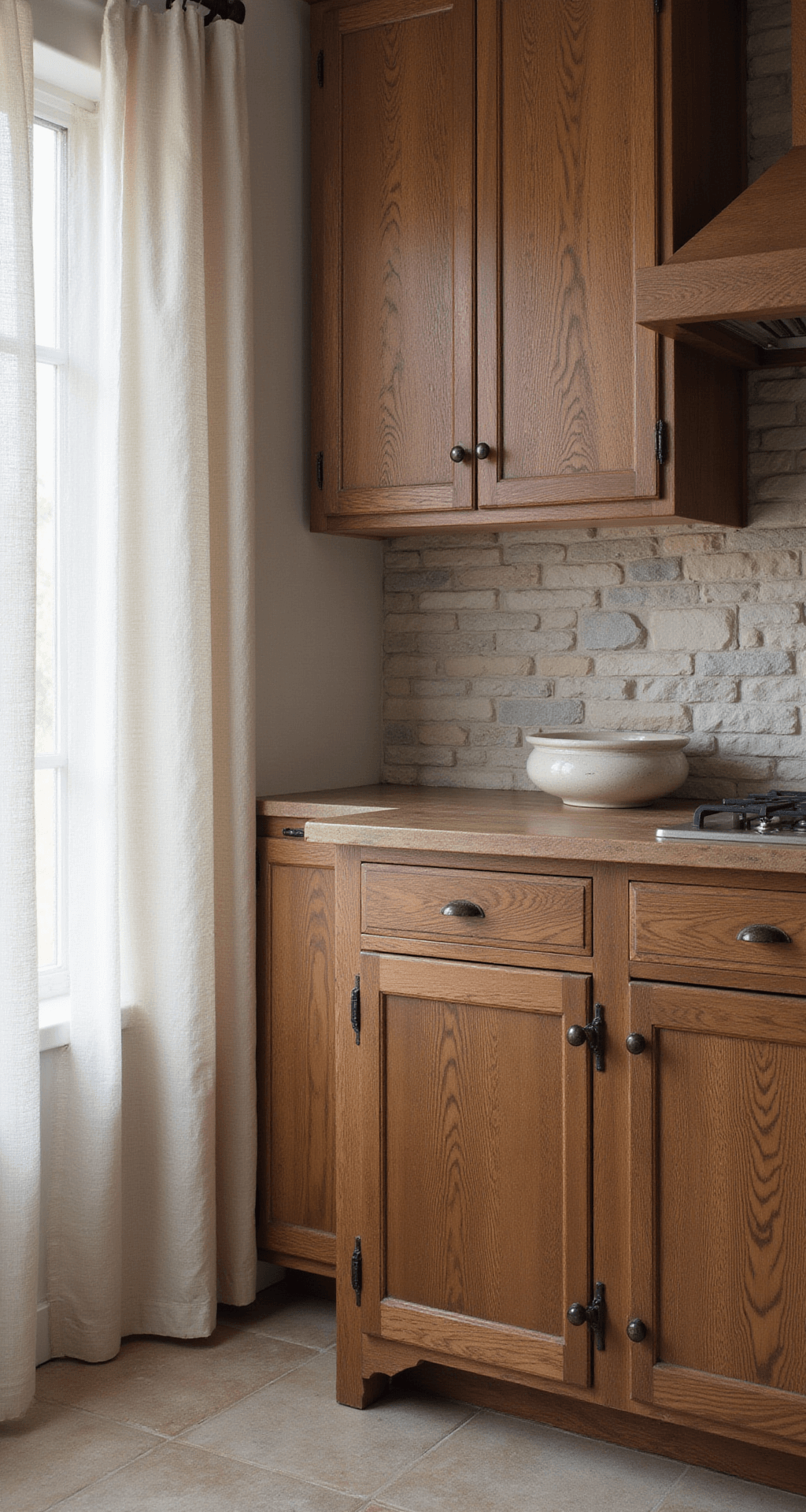 Rustic Kitchen Cabinets: Your Guide to Creating a Warm, Inviting Farmhouse-Style Kitchen Close-up of a rustic kitchen featuring hickory cabinets with dovetailed joints and brass hardware, illuminated by morning light filtering through sheer linen curtains, showcasing a textured stone backsplash in cream and gray tones.
