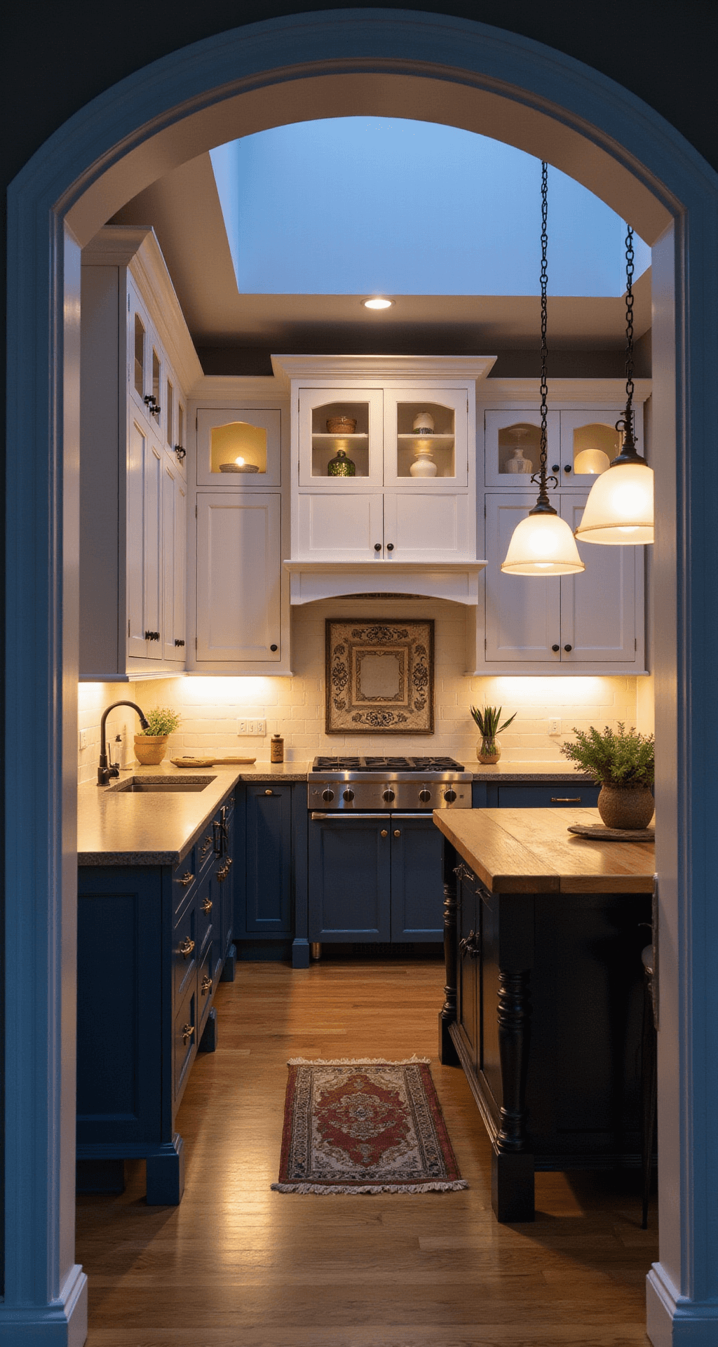 Rustic Kitchen Cabinets: Your Guide to Creating a Warm, Inviting Farmhouse-Style Kitchen Dramatic dusk shot of a two-tone kitchen with navy lower cabinets and white shaker-style upper units, featuring warm LED under-cabinet lighting and pendant lights illuminating a central island with a natural wood top, enhanced by wrought iron hardware and a farmhouse sink.