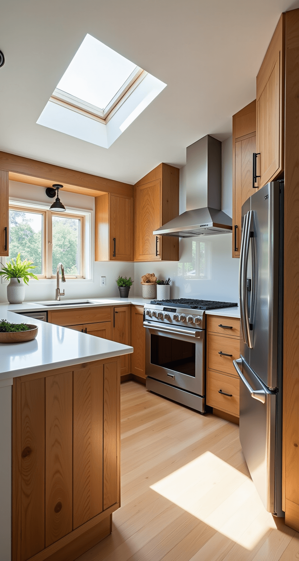 Rustic Kitchen Cabinets: Your Guide to Creating a Warm, Inviting Farmhouse-Style Kitchen A bright modern-rustic kitchen with knotty pine cabinets and stainless steel appliances, captured from a high angle. Natural light pours in from skylights, highlighting white quartz countertops, organic wood textures, and fresh herbs in artisanal ceramics.