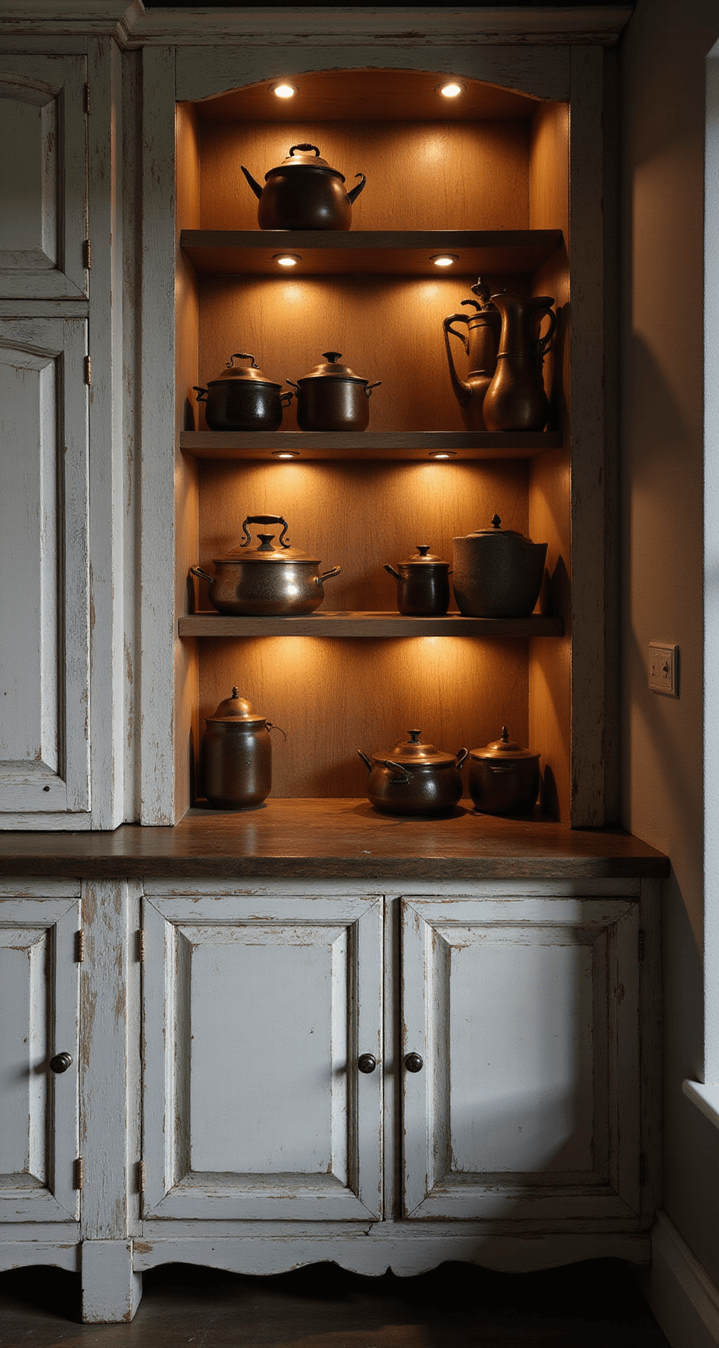 Rustic Kitchen Cabinets: Your Guide to Creating a Warm, Inviting Farmhouse-Style Kitchen An atmospheric evening scene showcasing distressed white cabinets and open shelving, featuring copper cookware and vintage pottery illuminated by warm accent lighting, with deep shadows highlighting the wood grain and creating a moody ambiance.