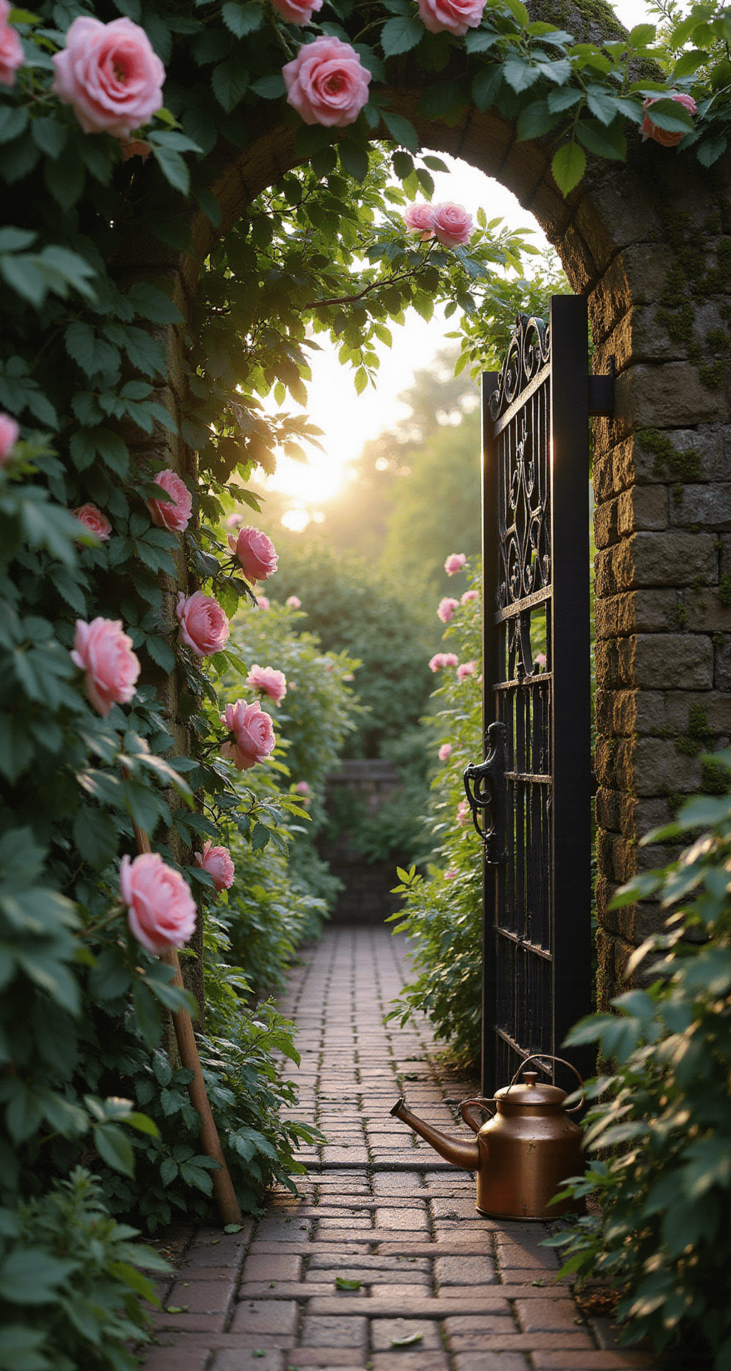 Creating a Stunning Rose Garden: Your Ultimate Design Guide Secret garden entrance at dawn, featuring a narrow brick pathway through an antique iron gate adorned with 'Cecile Brunner' roses, illuminated by soft backlight. Moss-covered stone walls and vintage garden tools enhance the enchanting atmosphere, captured from a low camera angle looking up through the rose arches.