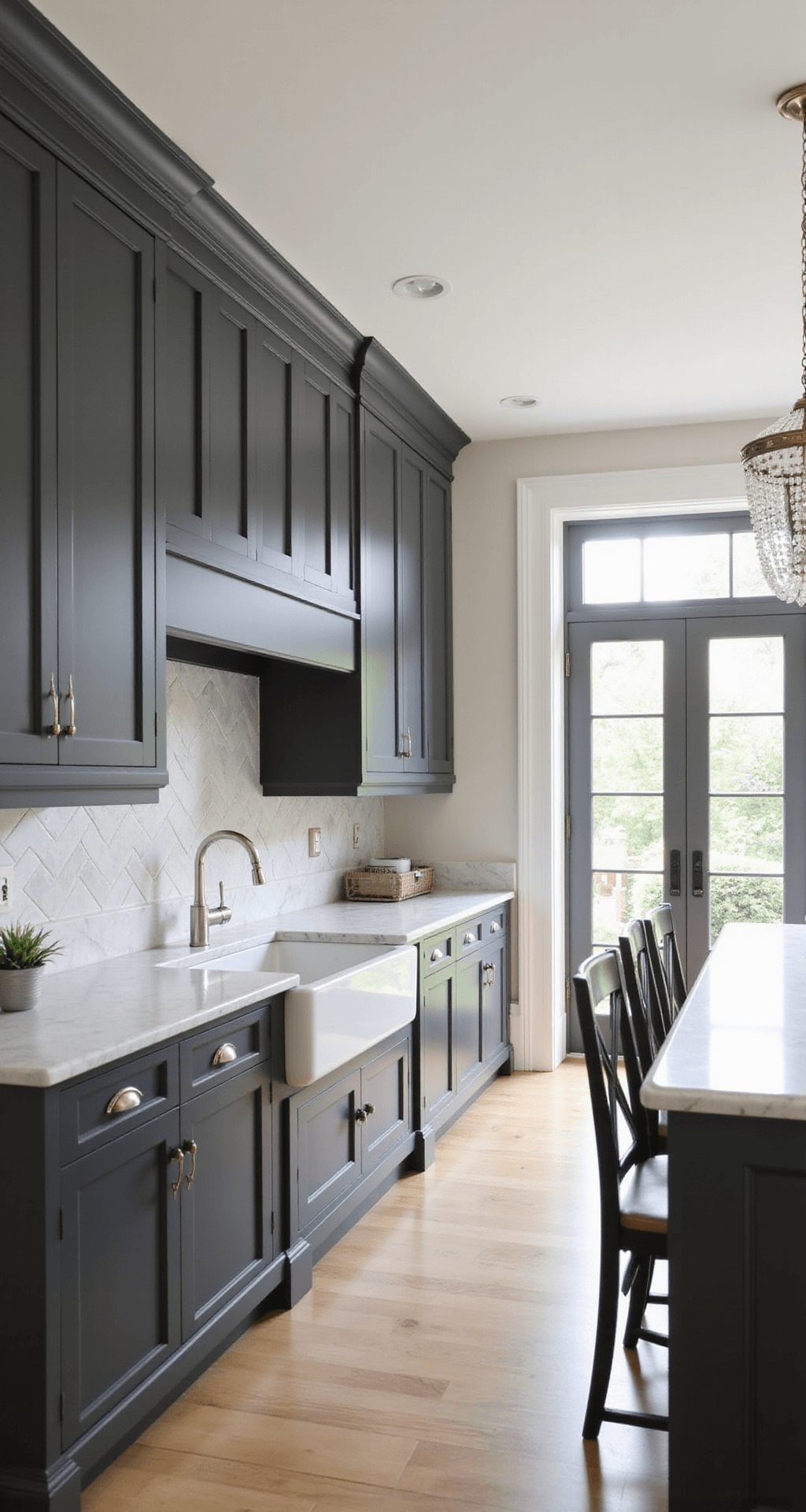 Dark Grey Kitchen Cabinets: The Ultimate Style Statement for Modern Homes A classic kitchen featuring charcoal grey shaker cabinets, Carrara marble countertops, a white farmhouse sink, and a crystal chandelier, illuminated by soft morning light, with French doors opening to a garden.