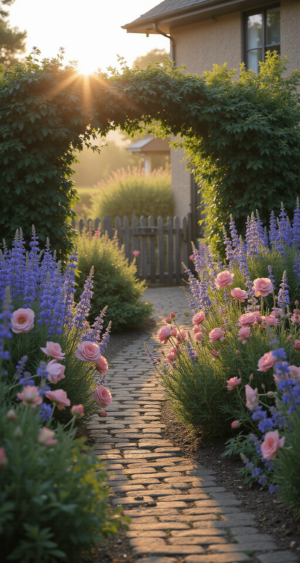 Creating Your Dream Cottage Flower Garden: A Vibrant Oasis of Natural Beauty Wide-angle view of a lush cottage garden at golden hour, with pink David Austin roses and purple delphiniums surrounding a weathered brick pathway, bordered by lavender, illuminated by warm sunlight and dewdrops; a vintage iron gate entwined with clematis frames the scene, showcasing layered greenery and a soft bokeh effect.