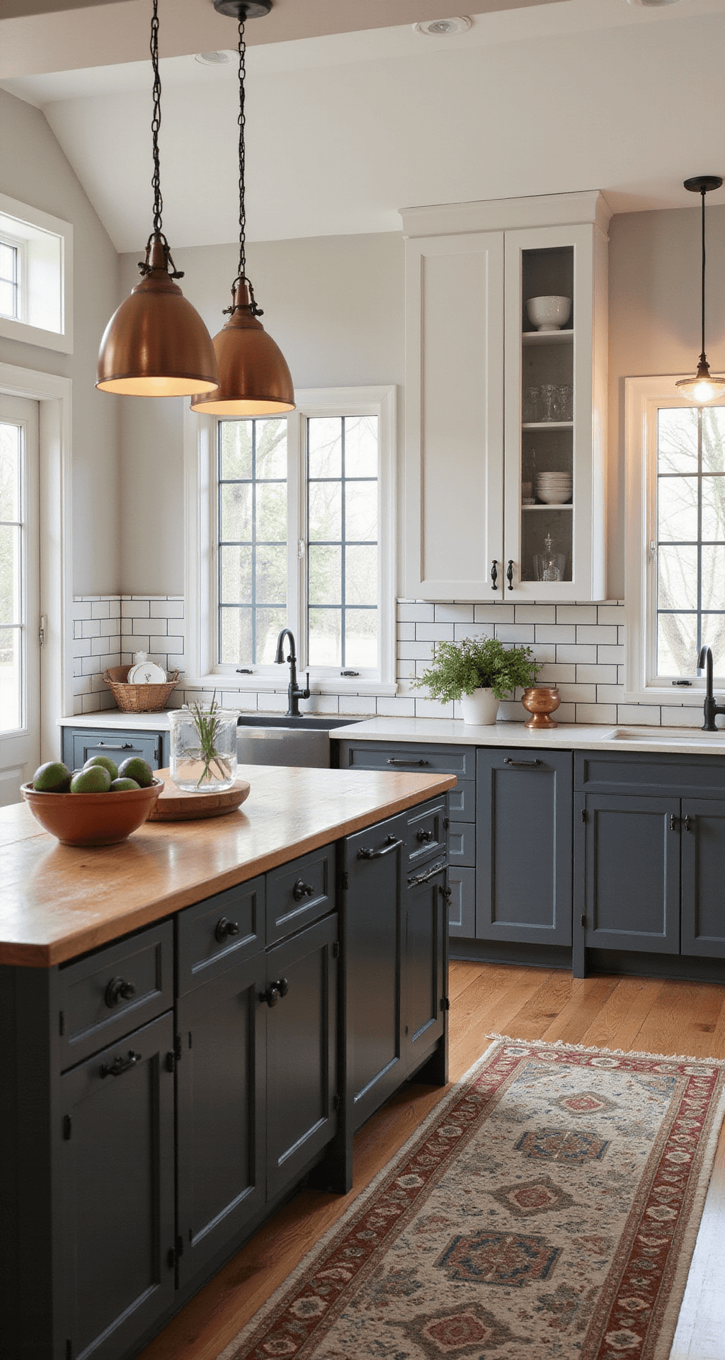 Dark Grey Kitchen Cabinets: The Ultimate Style Statement for Modern Homes Transitional kitchen featuring a two-tone design with dark grey lower cabinets and white upper cabinets, a subway tile backsplash with dark grout, and a butcher block island top. Copper pendant lights and black hardware create mixed metal accents, while a vintage runner rug adds warmth. The scene is illuminated by late afternoon natural light and warm artificial lighting, showcasing a cozy yet sophisticated atmosphere.