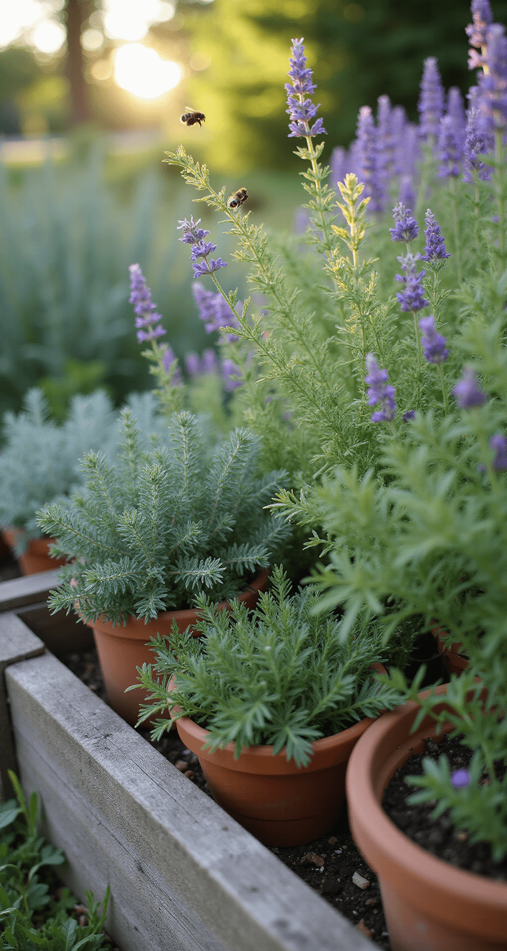 Creating Your Dream Cottage Flower Garden: A Vibrant Oasis of Natural Beauty Close-up of a cottage garden herb section in mid-morning light, featuring a raised bed with weathered cedar borders, surrounded by silver-leaved rosemary, sage, and lavender. Terracotta pots are interspersed, with bronze fennel fronds backlit by sunlight. Bumble bees buzz over flowering oregano, surrounded by a color palette of silvery green, deep purple, terracotta, and honey gold, with a shallow depth of field enhancing the botanical details.