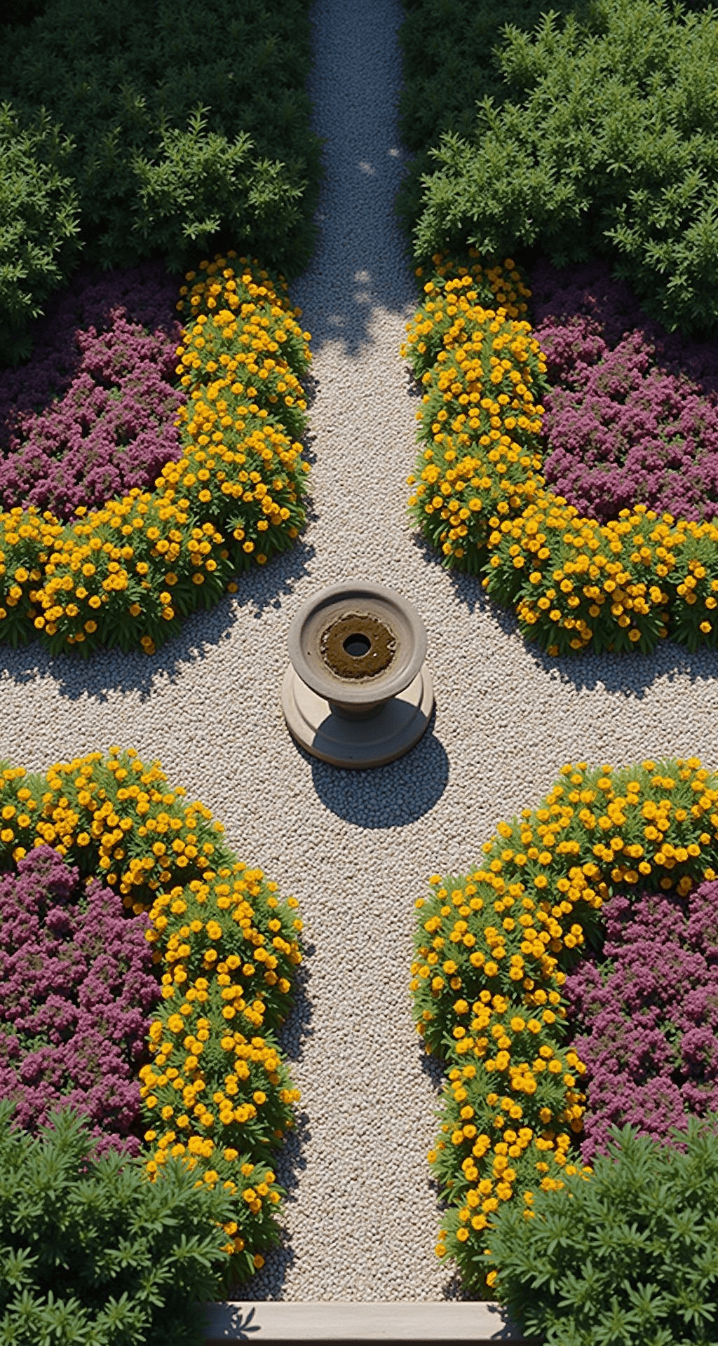 Creating Your Dream Cottage Flower Garden: A Vibrant Oasis of Natural Beauty Overhead drone shot of a circular cottage garden with 40ft diameter, featuring gravel paths dividing quadrants, an antique stone birdbath at the center, and radiating beds of echinacea, yarrow, and verbena bonariensis. The garden displays strong directional shadows and a color palette of coral pink, butterscotch yellow, amethyst purple, and gravel grey, showcasing sharp detail in intricate planting patterns.