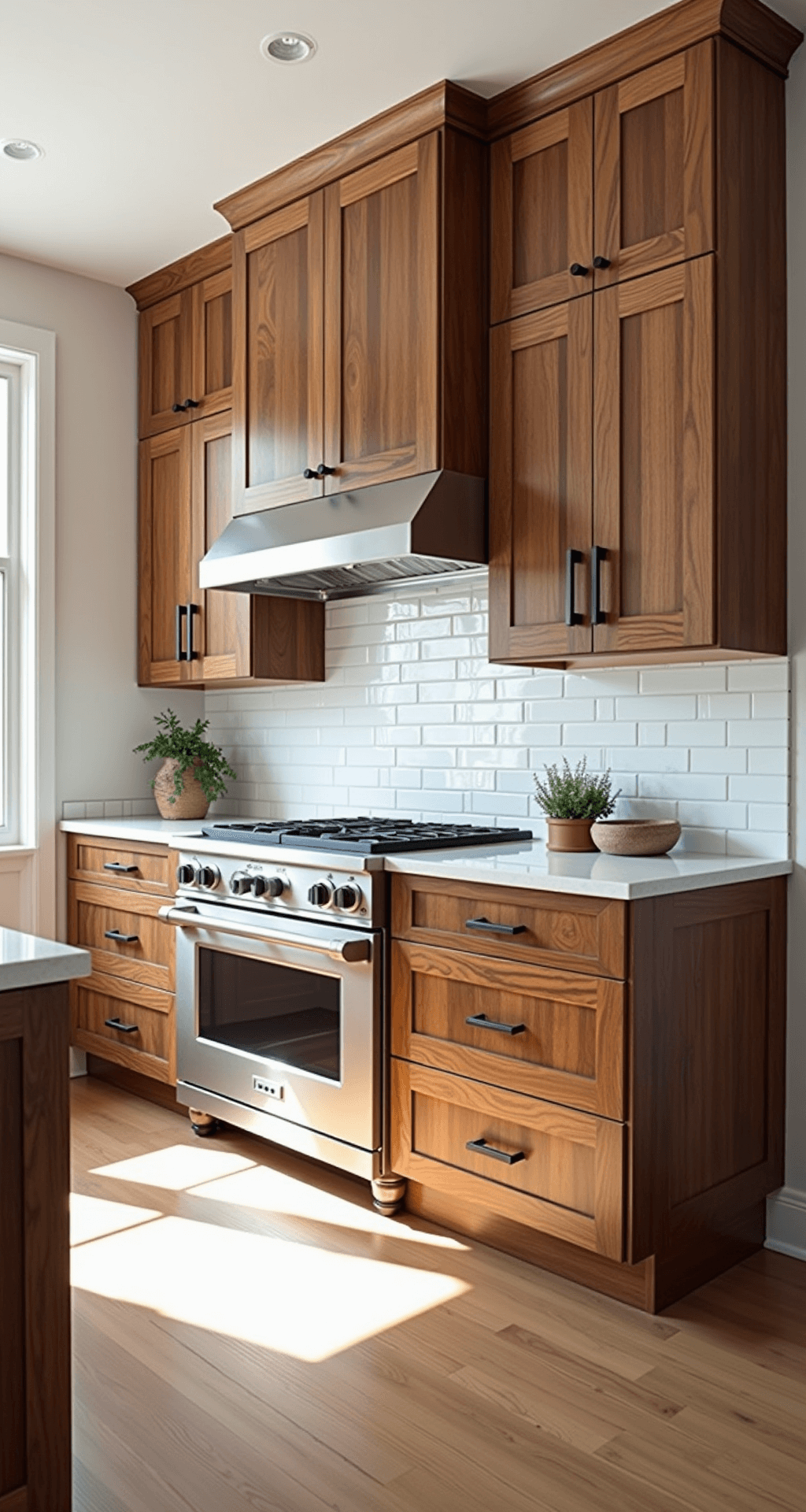 Hickory Kitchen Cabinets: Transform Your Cooking Space with Rustic Elegance Contemporary kitchen featuring rustic hickory Shaker cabinets with striking wood grain, sleek white marble counters, and matte black pulls, captured in bright midday light to highlight clean lines and natural materials.