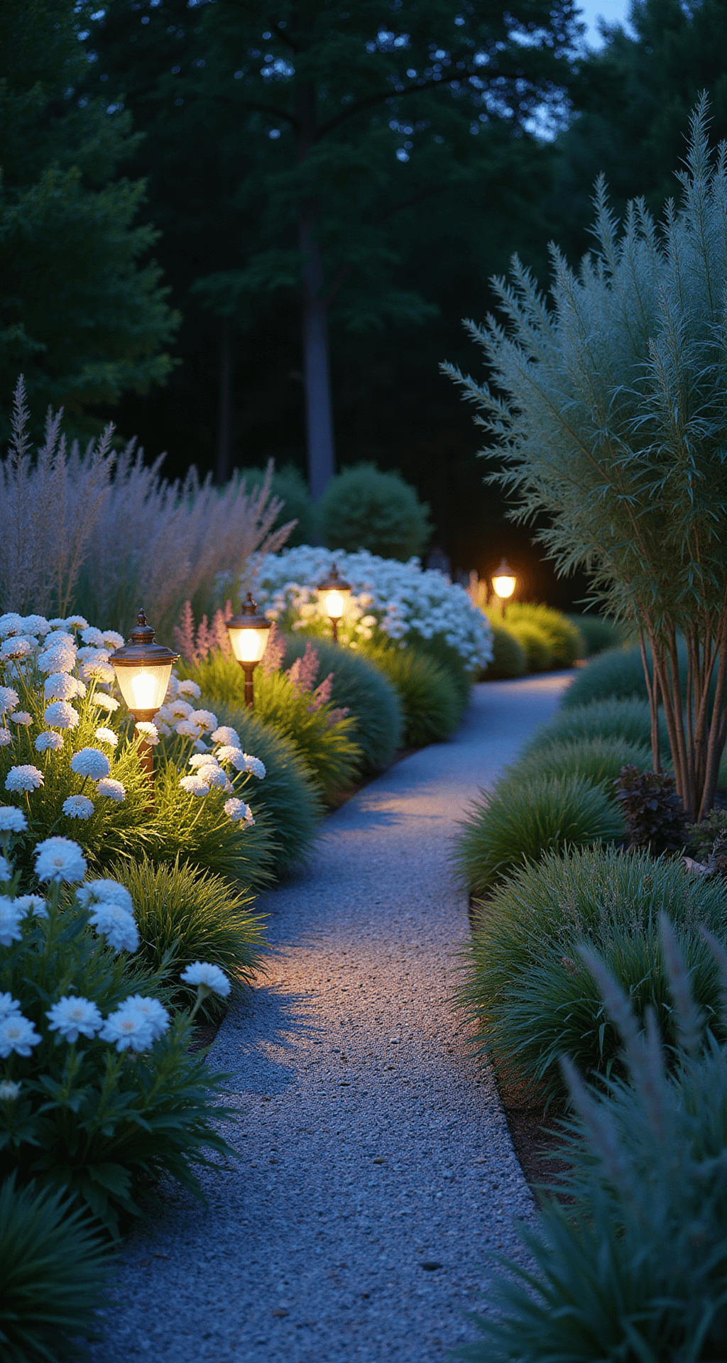 Creating Your Dream Cottage Flower Garden: A Vibrant Oasis of Natural Beauty A twilight garden scene featuring a 15ft mixed perennial border illuminated by uplighting, showcasing white phlox and moon flowers, with warm light from copper lanterns on a gravel path, and silver-leaved plants adding shimmer, all captured in a long exposure that highlights movement in the grasses.