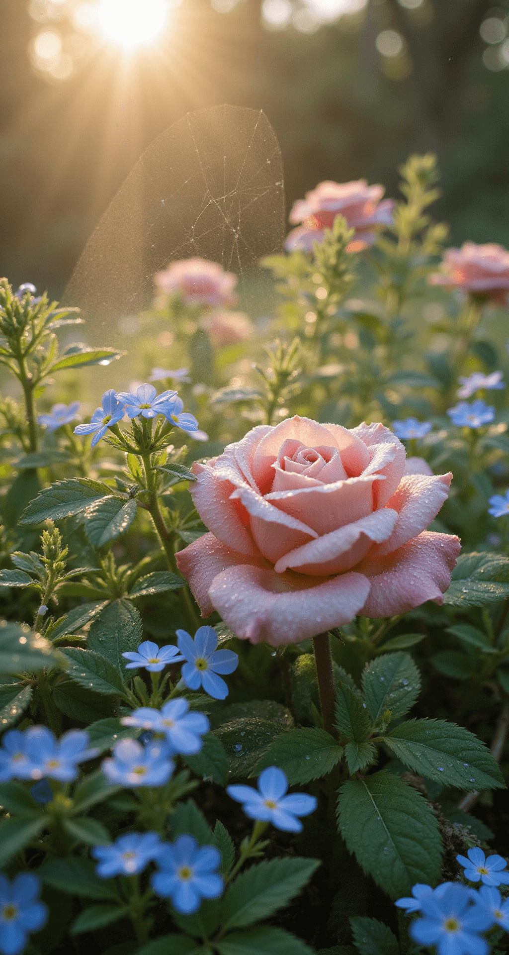 Creating Your Dream Cottage Flower Garden: A Vibrant Oasis of Natural Beauty A macro shot capturing a dewy cottage garden vignette in morning light, featuring vintage rose 'Heritage' amidst lady's mantle and forget-me-nots. Water droplets refract sunlight, with soft mist enhancing the atmosphere. Glistening spider webs weave between blooms, showcasing a color palette of shell pink, chartreuse, powder blue, and morning gold, while highlighting the intricate structure of the petals.