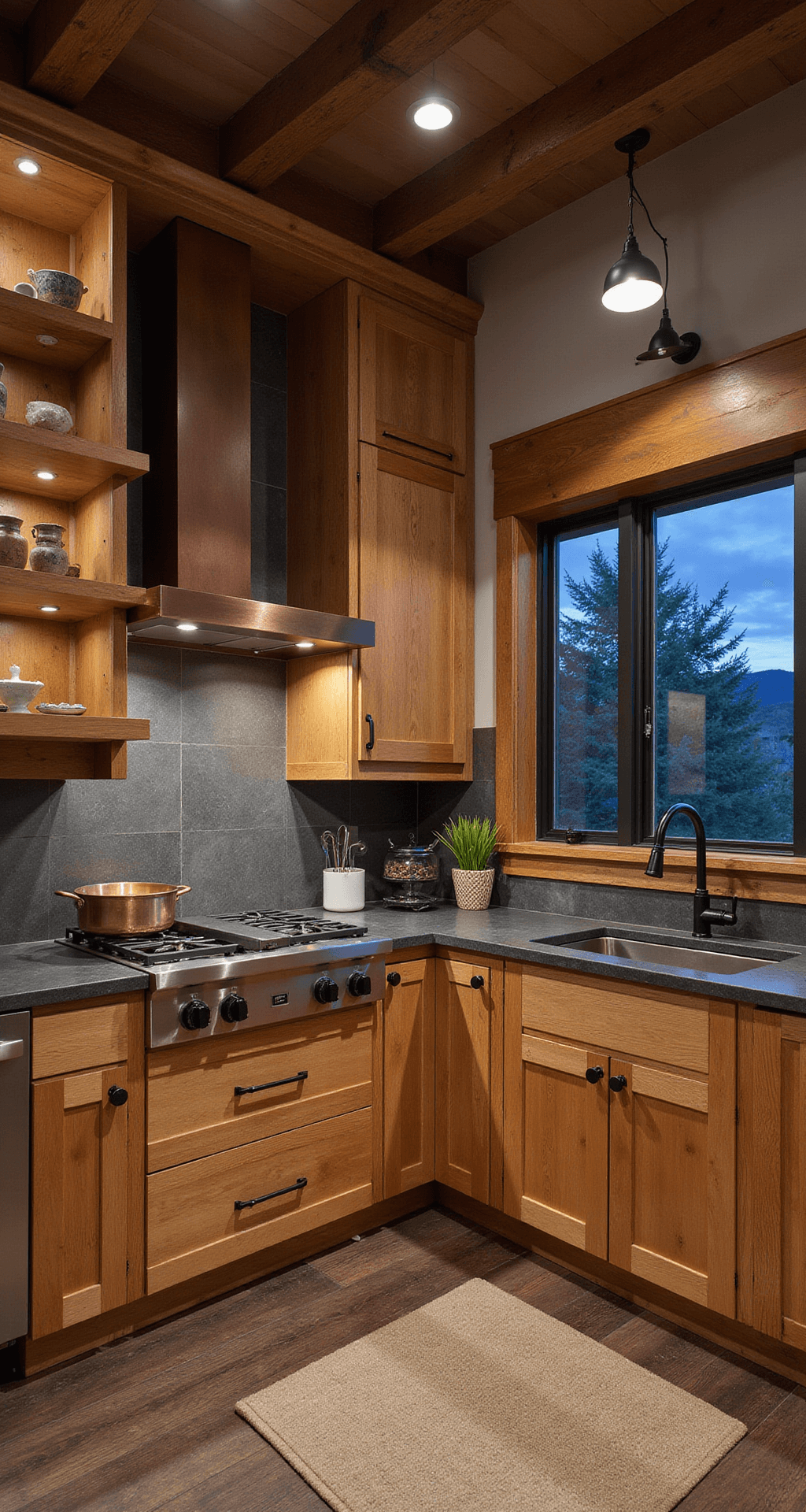 Hickory Kitchen Cabinets: Transform Your Cooking Space with Rustic Elegance Corner view of a spacious chef's kitchen featuring hickory cabinets, dark stone countertops, and industrial pendant lights, showcasing a professional range and reclaimed wood shelves with pottery, captured at dusk.