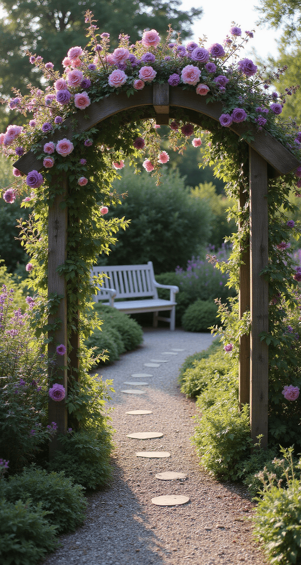 Creating Your Dream Cottage Flower Garden: A Vibrant Oasis of Natural Beauty Rustic wooden garden arch covered in climbing roses 'New Dawn' and purple clematis, framed by a gravel path leading to a vintage garden bench, illuminated by warm afternoon sunlight creating dramatic shadows, with a romantic cottage garden style in blush pink, deep violet, weathered grey, and warm stone tones.