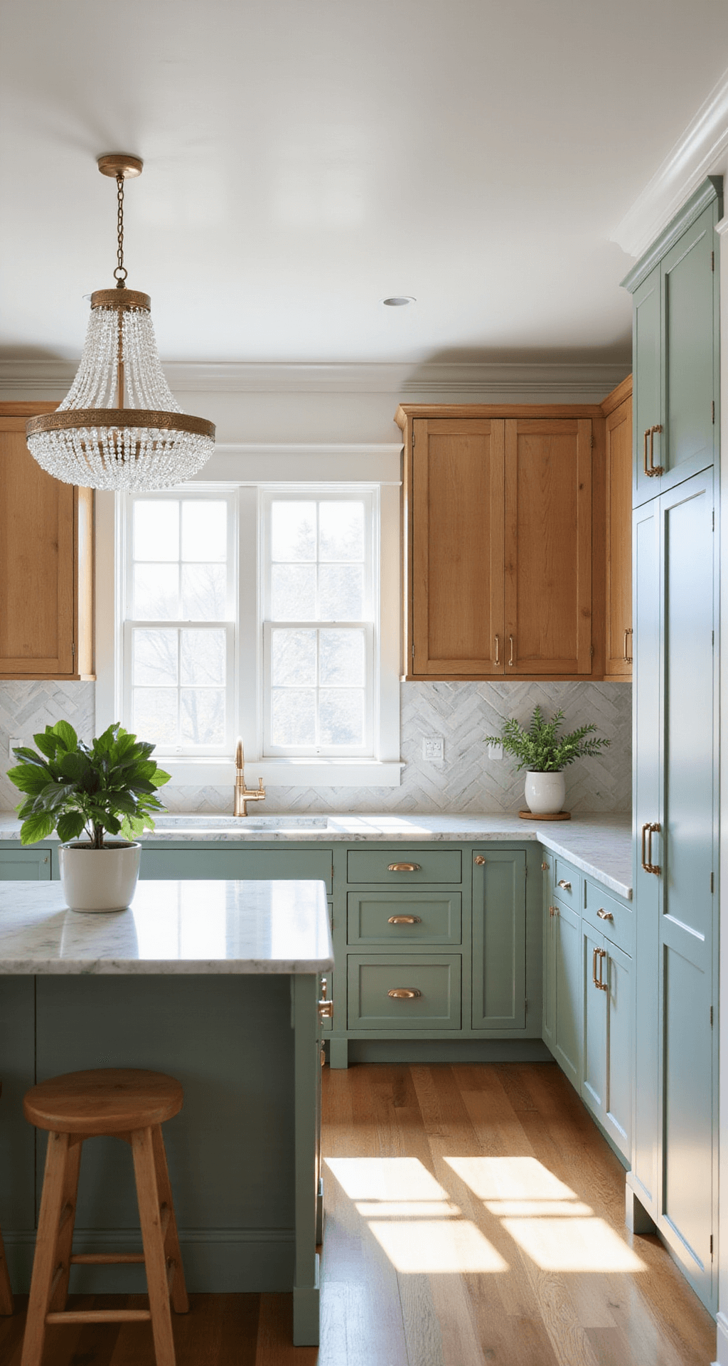 Hickory Kitchen Cabinets: Transform Your Cooking Space with Rustic Elegance A serene transitional kitchen featuring natural hickory upper cabinets and sage green lower cabinets, accented by a herringbone marble backsplash and a crystal chandelier over a marble-topped island, all bathed in morning light with a potted fiddle leaf fig adding a touch of nature.