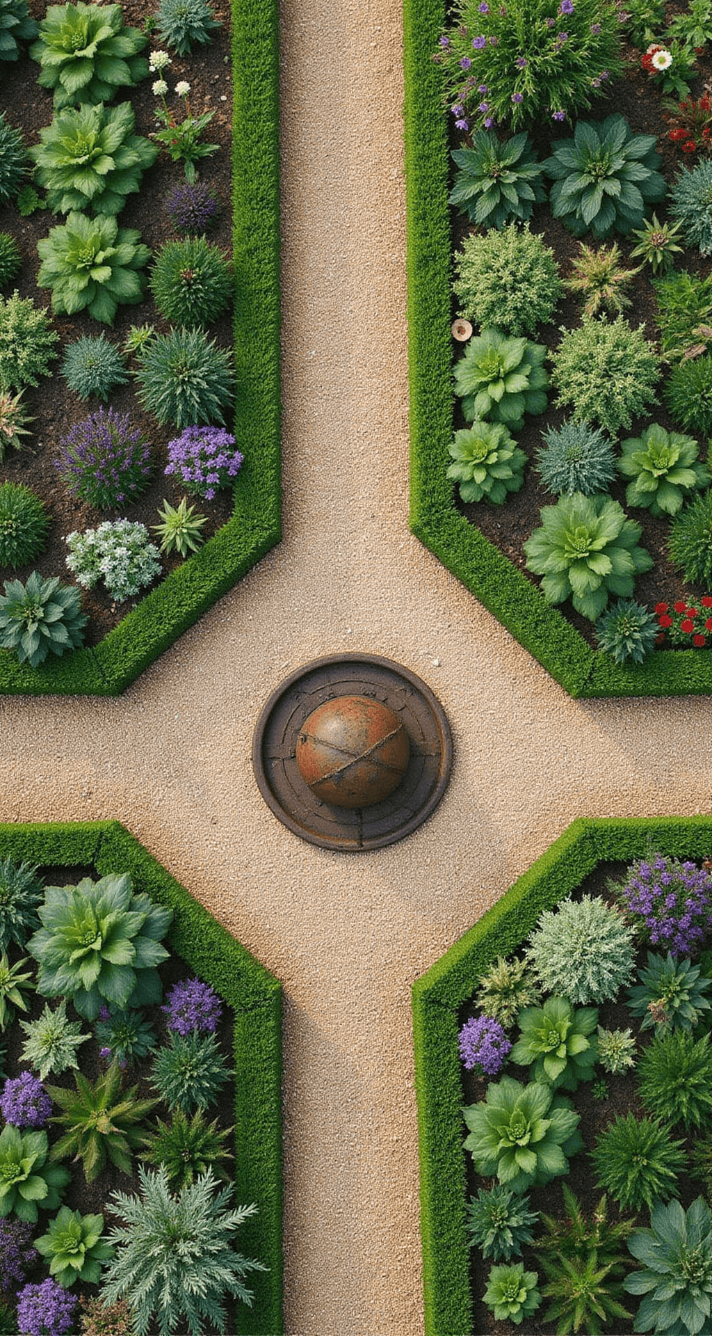 Creating Your Dream Cottage Flower Garden: A Vibrant Oasis of Natural Beauty Bird's eye view of a formal potager-style cottage garden featuring geometric beds outlined in clipped boxwood, filled with vegetables and jewel-toned flowers. An aged armillary sphere serves as a central focal point amidst billowing plantings, while gravel paths create strong graphic elements, all bathed in morning light.