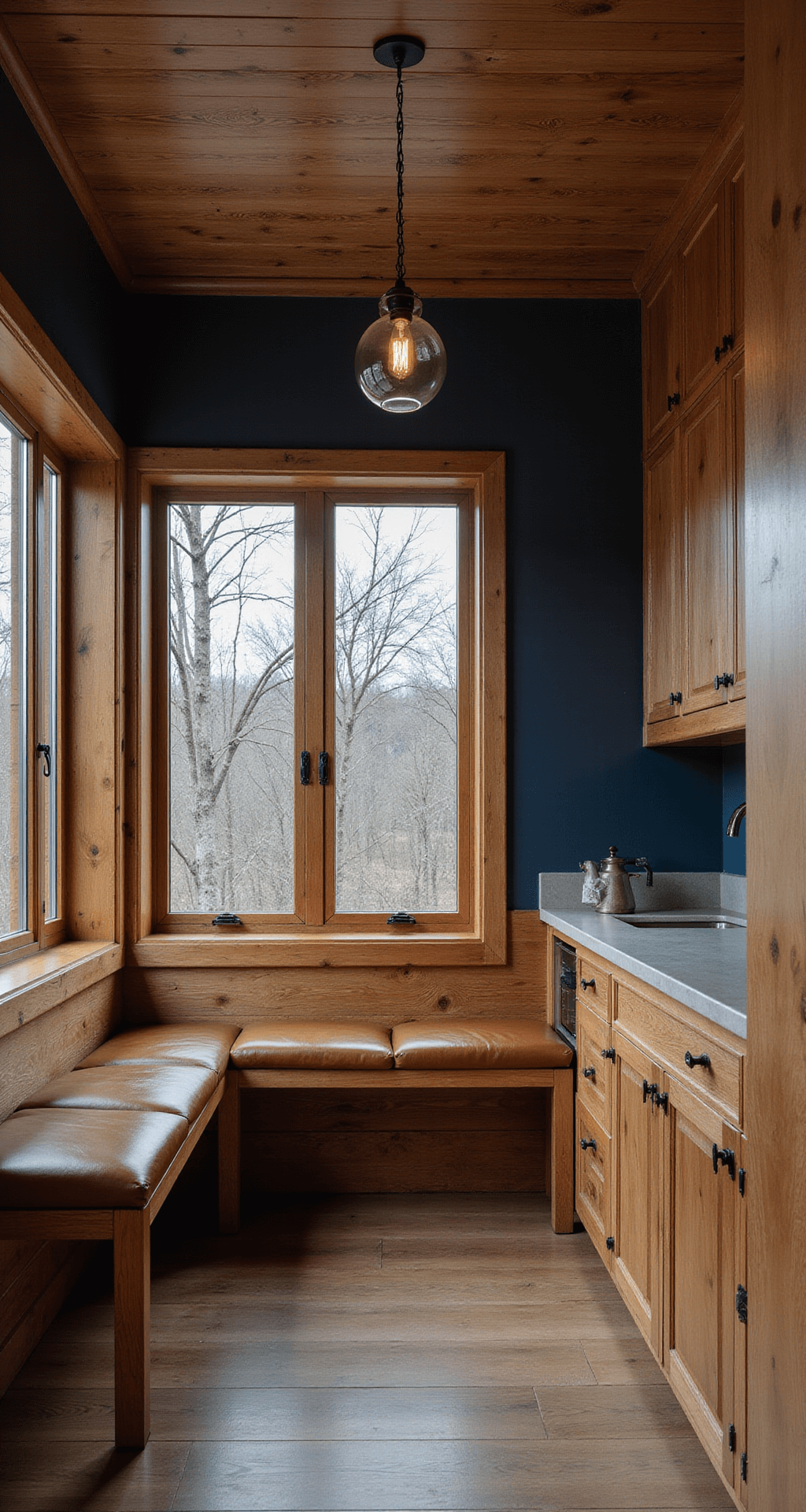 Hickory Kitchen Cabinets: Transform Your Cooking Space with Rustic Elegance Cozy breakfast nook with rustic hickory cabinets and built-in bench seating, featuring leather cushions, concrete countertops, a navy accent wall, and an iron and glass pendant light, captured from a corner perspective in moody lighting.