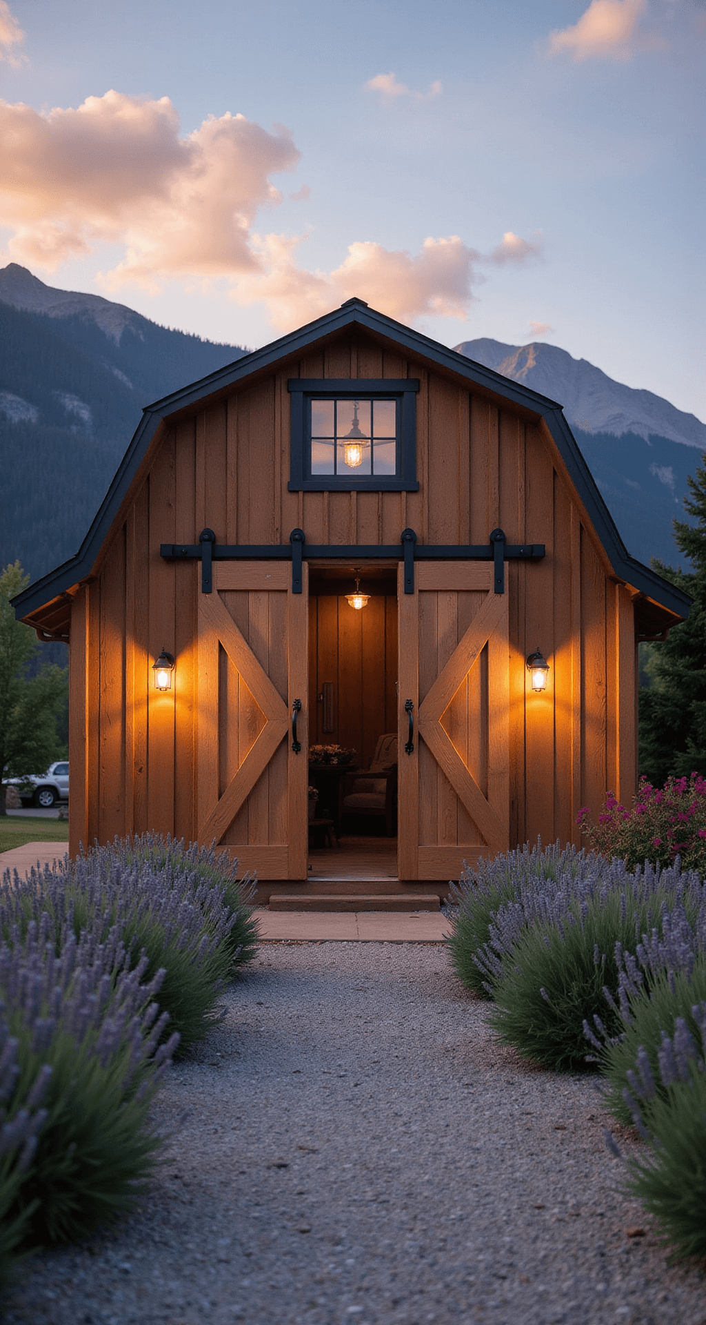 Garden Shed Colors: Transforming Your Backyard Aesthetic Modern farmhouse shed with warm brown board-and-batten siding and a black metal roof, featuring oversized barn doors, industrial sconces, and a gravel path lined with lavender, set against a mountain landscape at sunset, highlighting its rustic-modern fusion.